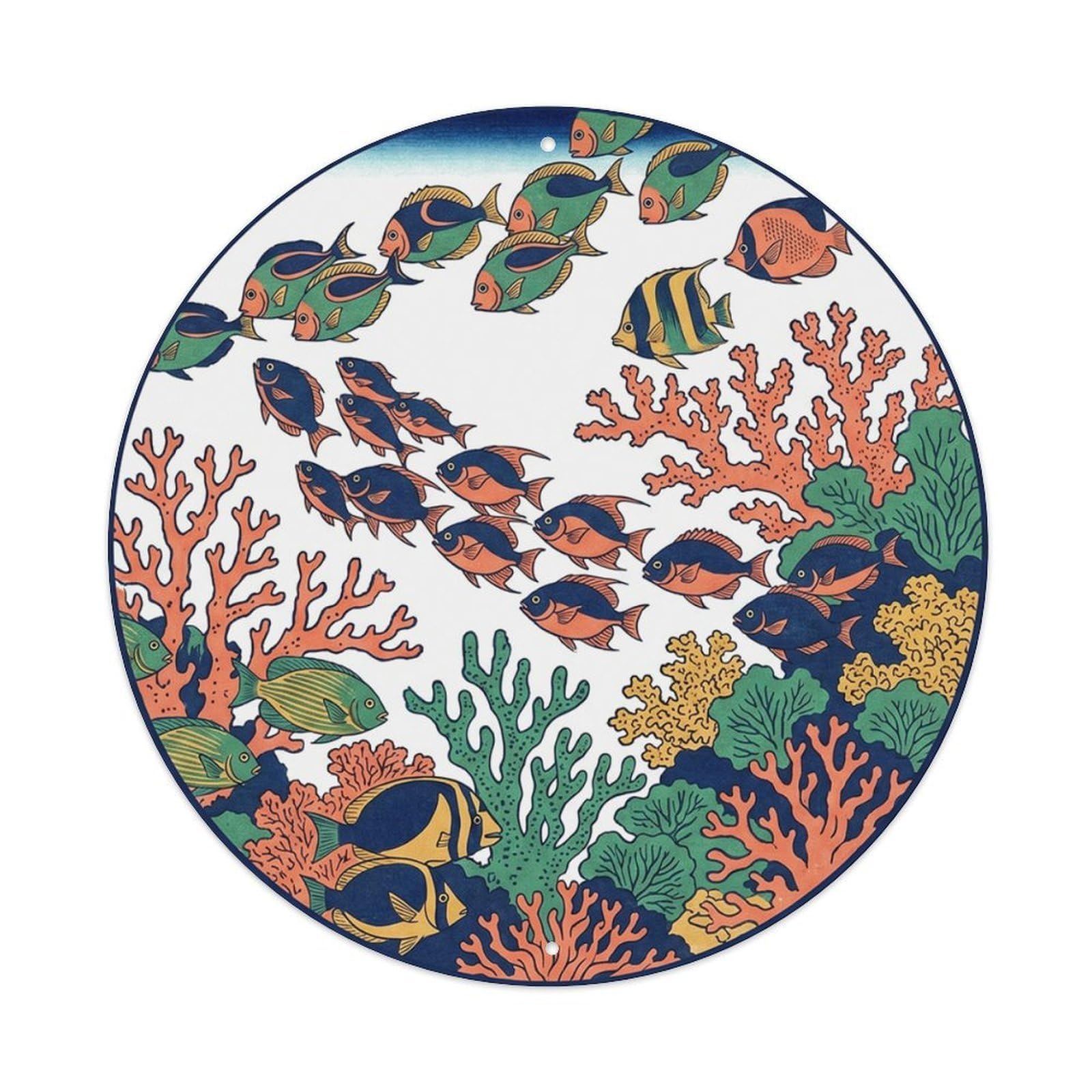 Olyhtr 8X8inch Classic Style Borabora Coral Reef Fish School Woodblock Marine Metal Tin Sign