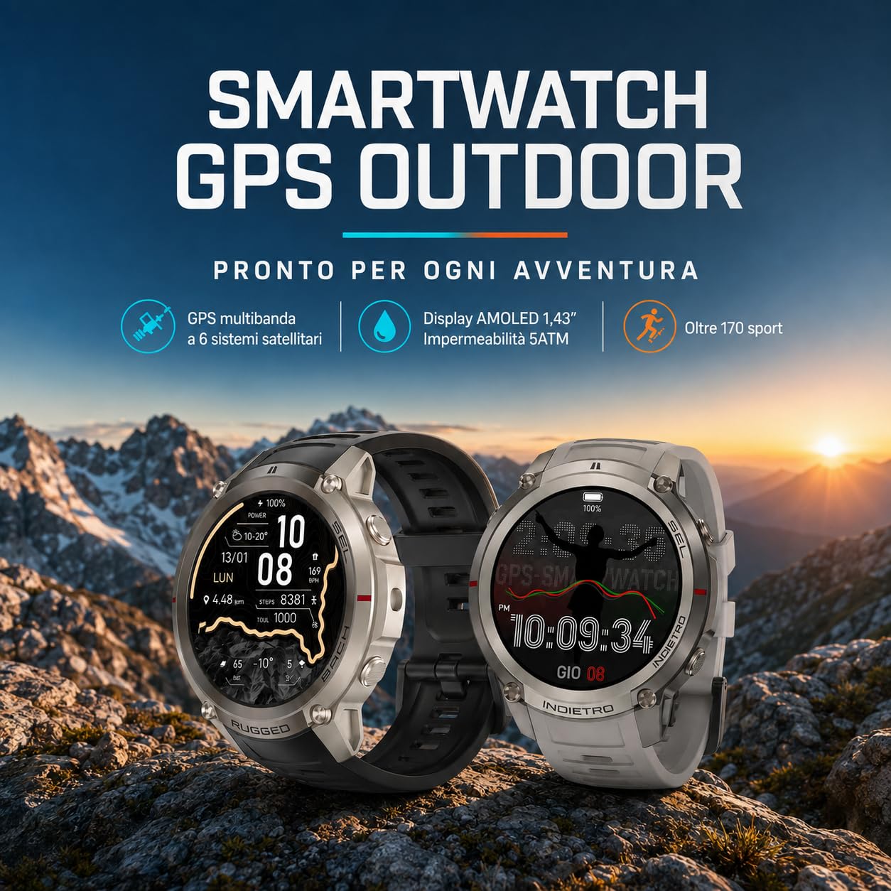 Reloj inteligente GPS con mapas fuera de línea, brújula, altímetro, tiempo – Reloj con pantalla AMOLED de 1,43 pulgadas, impermeable 50 m, monitor de corazón/oxígeno/presión, correa de gel de