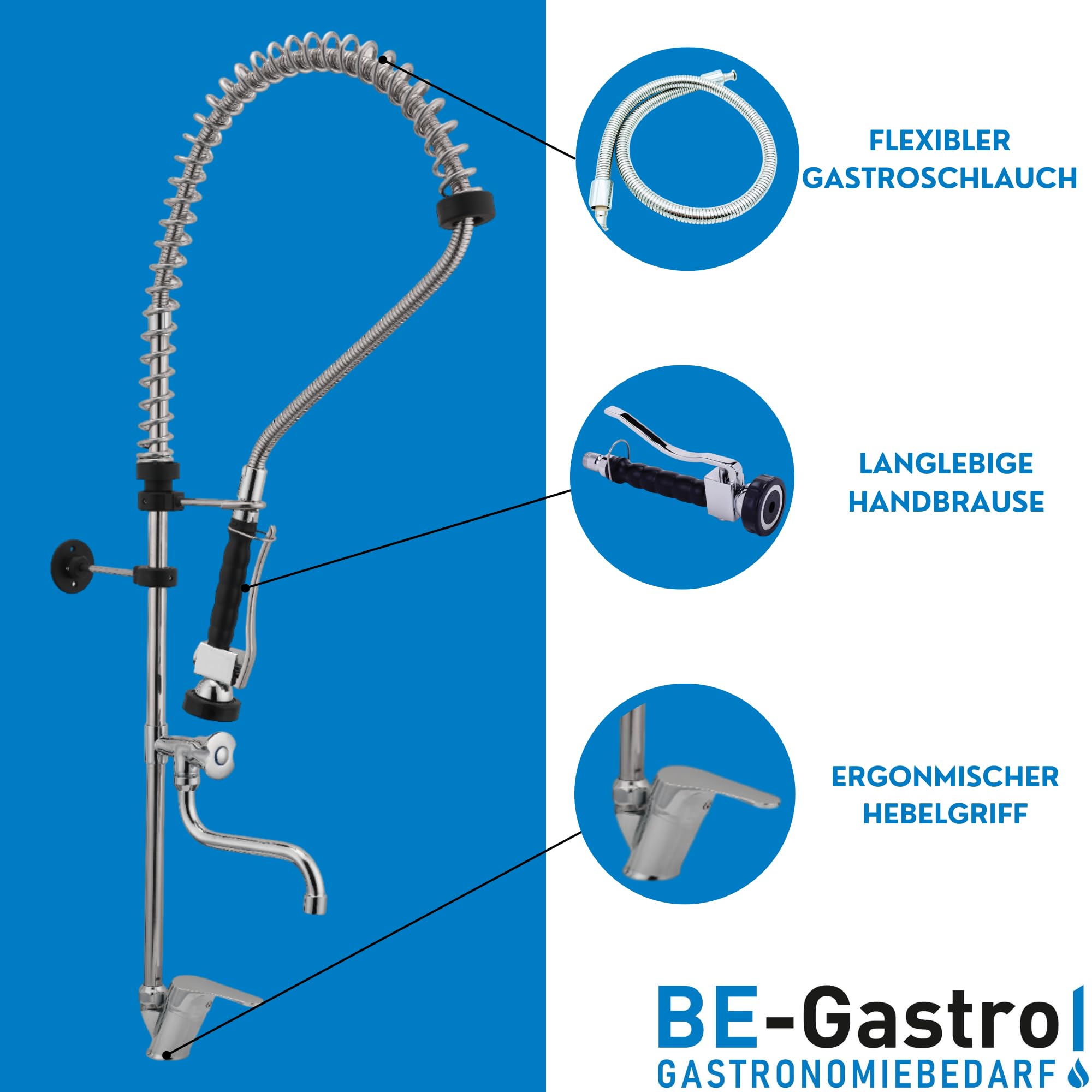 BE-GASTRO I Robinet de douche professionnel gastronomique à un trou « Premium » avec robinet, robinet industriel, douchette industriel, mitigeur et poignée ergonomique I Douchette gastronomique