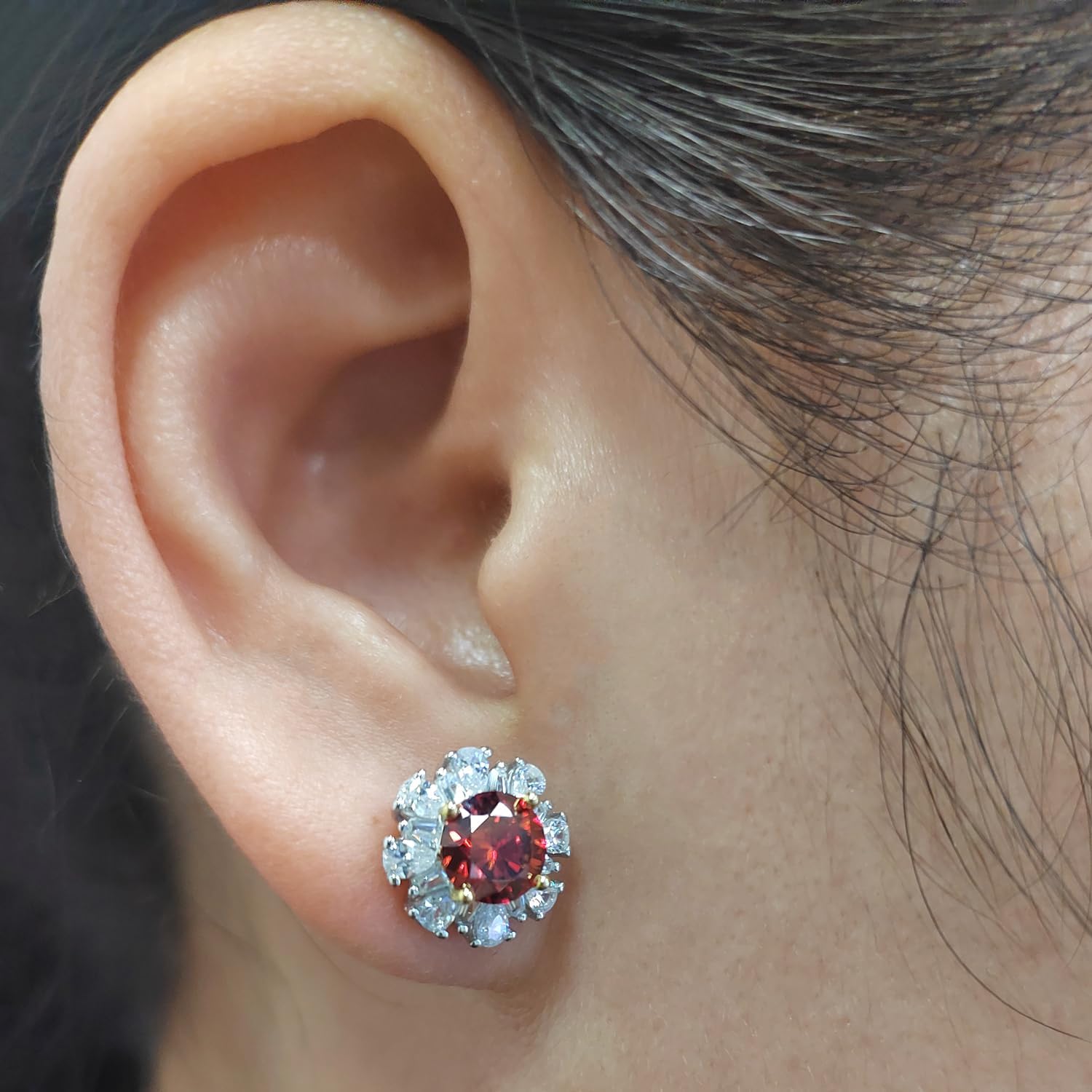 Red Moissanite Flower Stud Earrings Total 2.0ct Round Cut Lab Created Diamond Push Back Earrings for Women Jewelry 18K White Gold Plated Silver