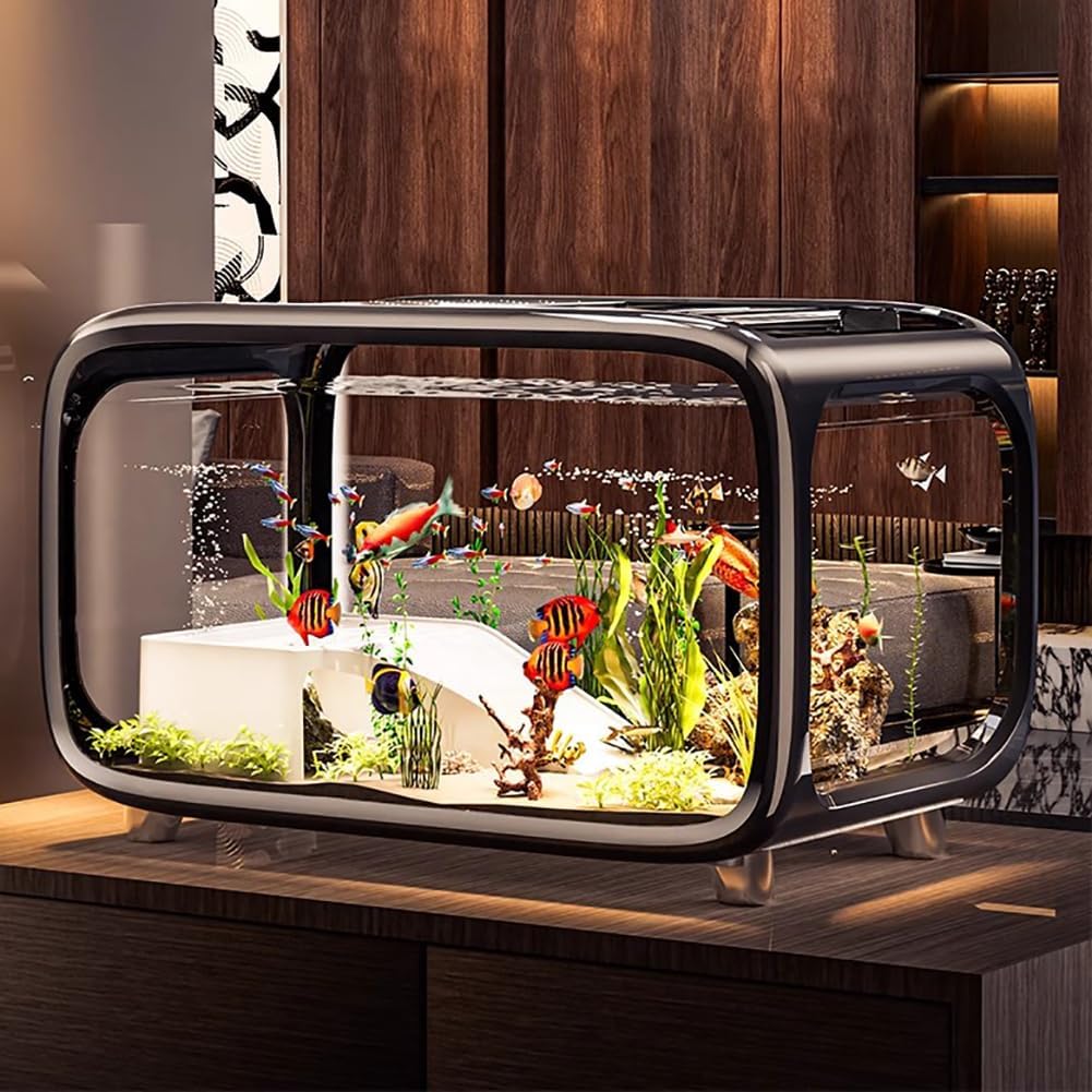 Small Aquarium Set, Transparent Plastic Fish Tank, with Artificial Plant Decorations and Climbing Frame, Goldfish and Betta Fish Tank, Ultra-Clear Desktop Fish Tank with Frame.