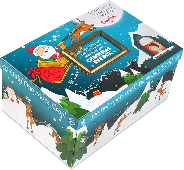 History&Heraldry Personalised Christmas Eve Box with Engraved Wooden Plate - One more sleep till Christmas! (Blue)