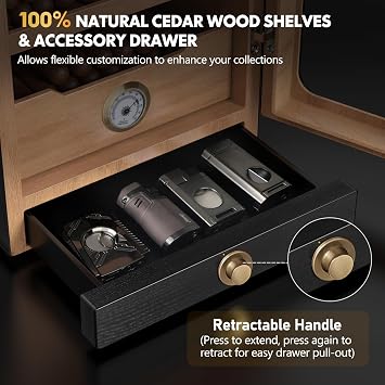 Tesonway Cigar Humidor Cabinet and Cigar Torch Lighter, with Light Control System, Cedar Wood Shelves, Hygrometer, 3 Humidifiers, 4 Jet Flame Cigar Lighter with Cigar Cutter V Cut Cigar Accessories