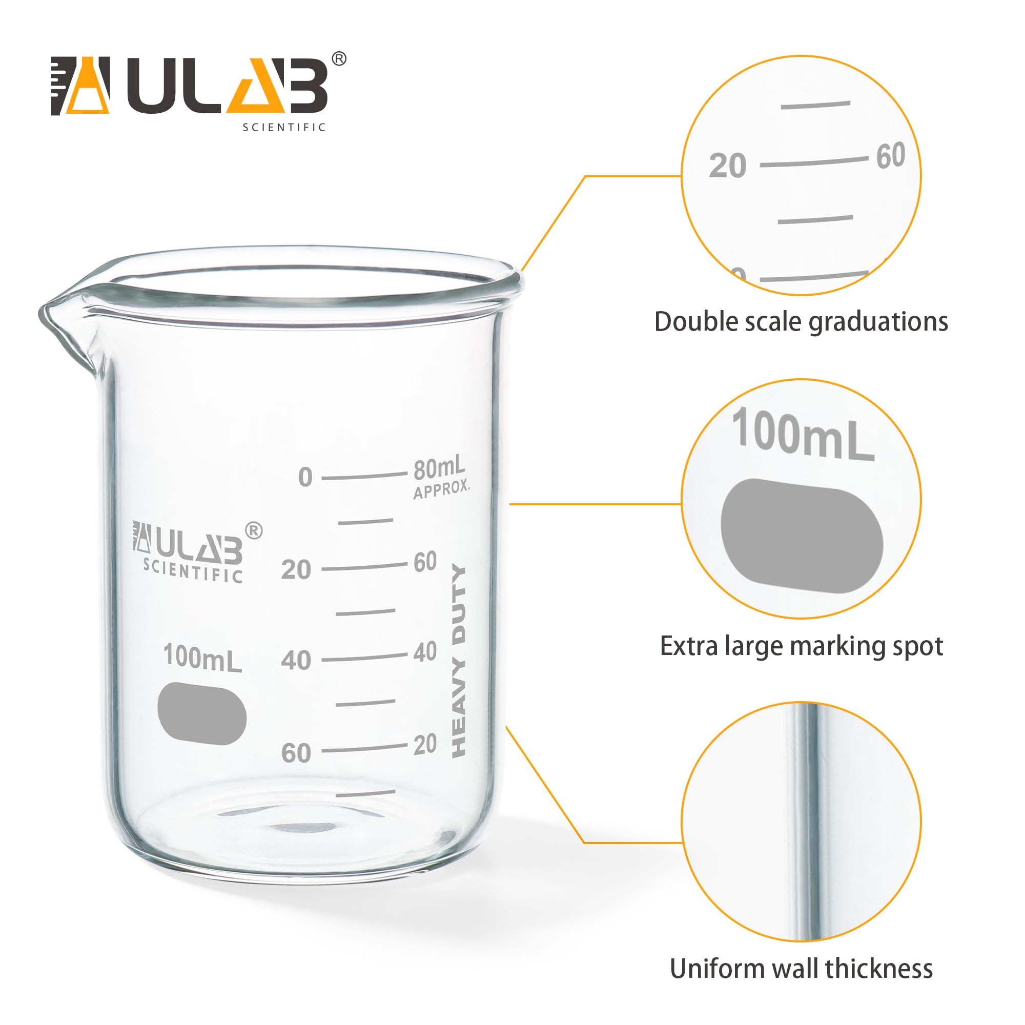 ULAB Scientific UBG1014 Lot de 6 gobelets en verre borosilicate 3.3 avec graduation imprimée 100 ml
