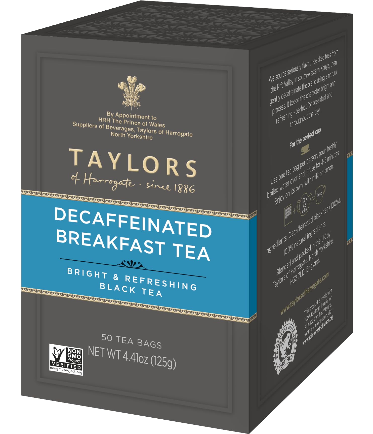 Taylors of Harrogate Decaffeinated Breakfast, Black Tea, Pillow Bags, 50 Count (Pack of 6), Rich, Bright & Balanced, Decaffeinated, Enjoy Hot or Iced, 300 Teabags Total