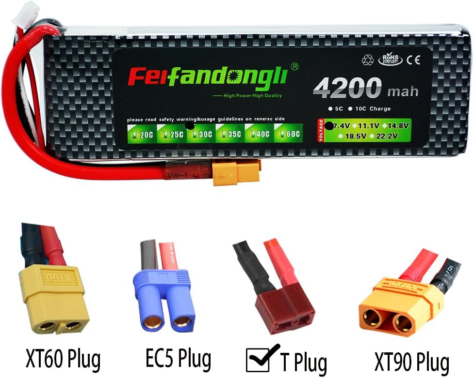 Feifandongli Rc Lipo Battery Pack 7.4V 2S 4200mah 30C T Plug for RC Airplane, RC Helicopter, RC Car, RC Truck, RC Boat, Remote Control, Drone, FPV and Hobby DIY Parts
