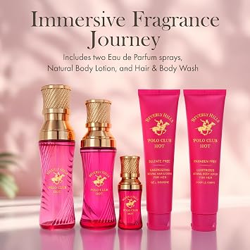 Beverly Hills Polo Club BHPC HOT Women's 5-Piece Fragrance Gift Set - Amber & Vanilla Eau de Parfum Collection with Natural Body Lotion & Hair Wash for Her