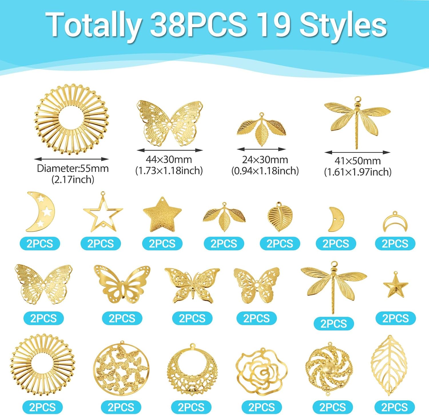 Craftdady 38Pcs Golden Filigree Charms Flat Round Butterfly Dragonfly Leaf Moon Star Charms Etched Metal Pendants Hollow Embellishments for DIY Bracelet Necklace Jewelry Making,19 Styles - Image 2