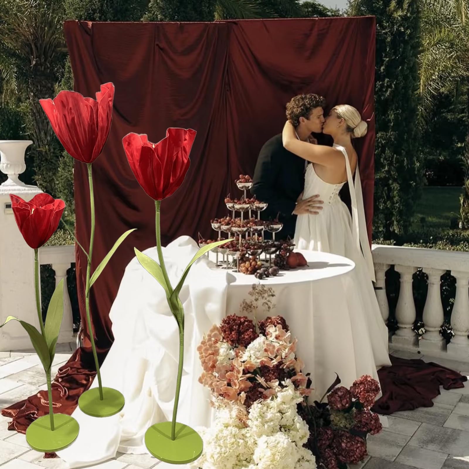 Flores Gigantes para Decoracion - Juego de 3 tulipanes artificiales de EVA impermeables con tallo flexible y base para bodas, recepciones, cumpleaños, Pascua, día de la madre