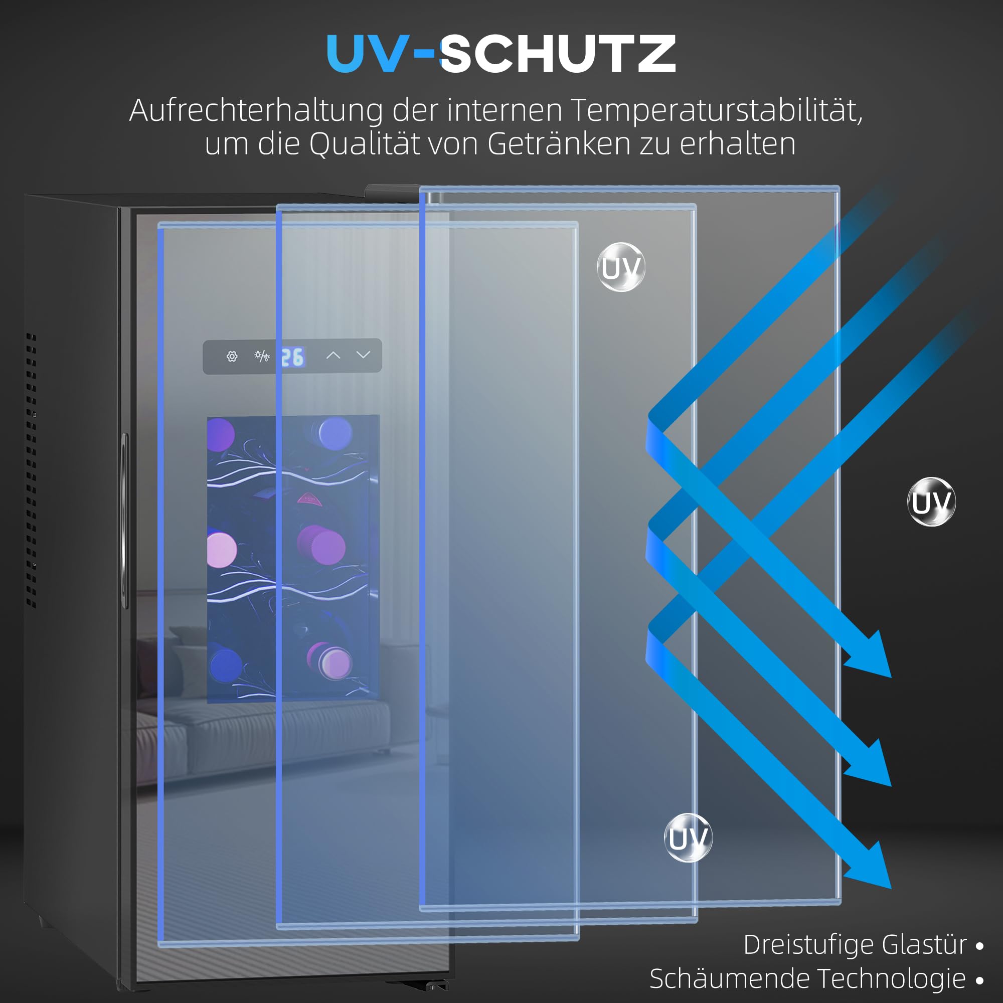 HOMCOM Weinkühlschrank Kompressor 12 Flaschen 30L Getränkekühlschrank 8-18°C Touchscreen Glastür LED-Beleuchtung Schwarz