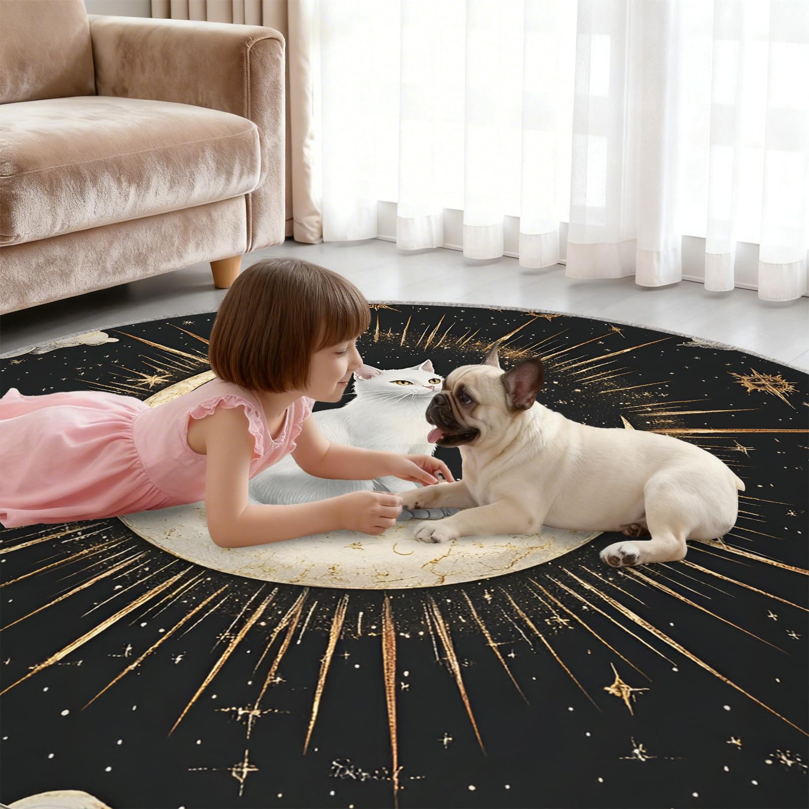 Générique Tapis Rond bohème de 120 cm, Motif Chat Lune, pour Chambre à Coucher, Salon, Bureau, Table Basse, décoration d'intérieur