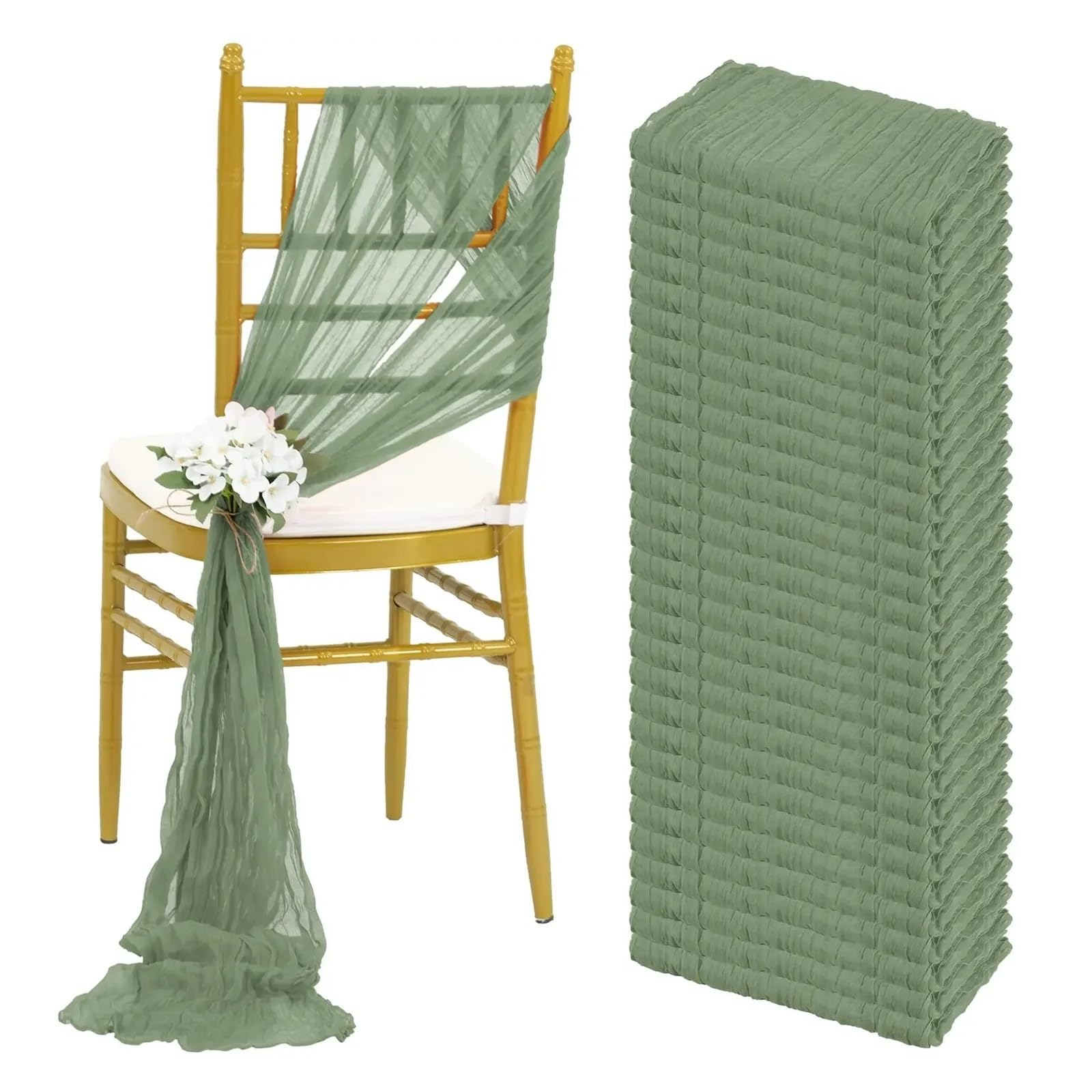 Xiaolzsl Green 30Pcs 30X275cm Wedding Sage Chair Sashes Decoration Gauze Cheesecloth Chair Bow Chair Cover For Reception Party