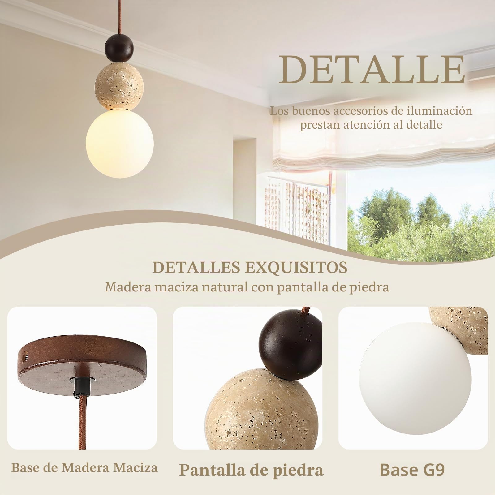 Lampara Colgante de Piedra Caliza Amarilla Wabi Sabi Lámpara Japonesa Madera Y Piedra Esférica Decorativa Altura Ajustable Lamparas techo Moderna Para Dormitorio Comedor Sala Y Cocina