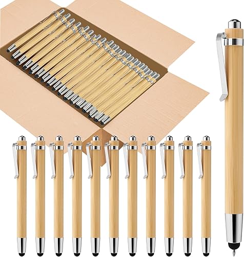 lyforx 100 bolígrafos de bambú a granel 2 en 1 con punta de lápiz capacitivo de madera, bolígrafos de bambú grabados de madera, bolígrafo de regalo