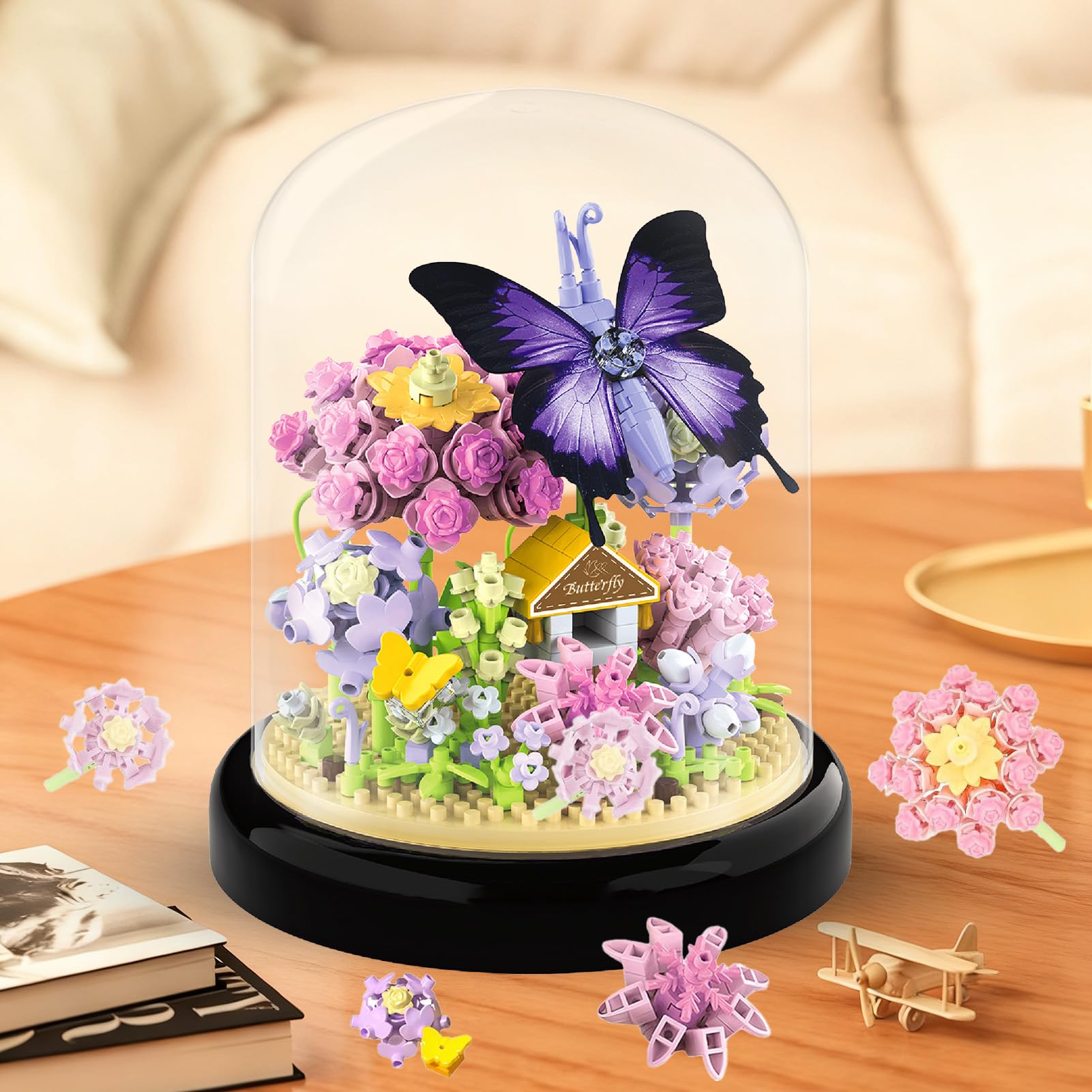 testlili Botanical Flower & Animal Bouquet Building Kit for Adults - 582-Piece Mini Block Set, Butterfly, 10 cm x 10 cm x 12 cm - Image 2