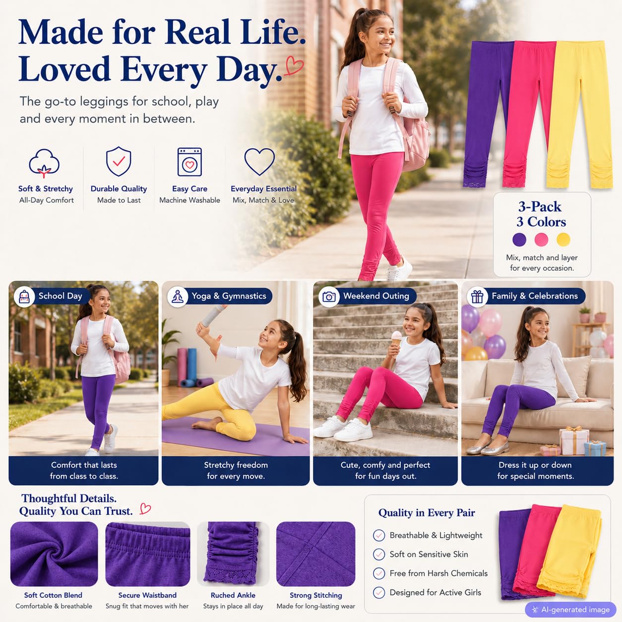 Bienzoe Dziewczęta Szkoła Yoga Legginsy: Dzieci Bawełna Stretch Taniec Rajstopy 3Szt Pack