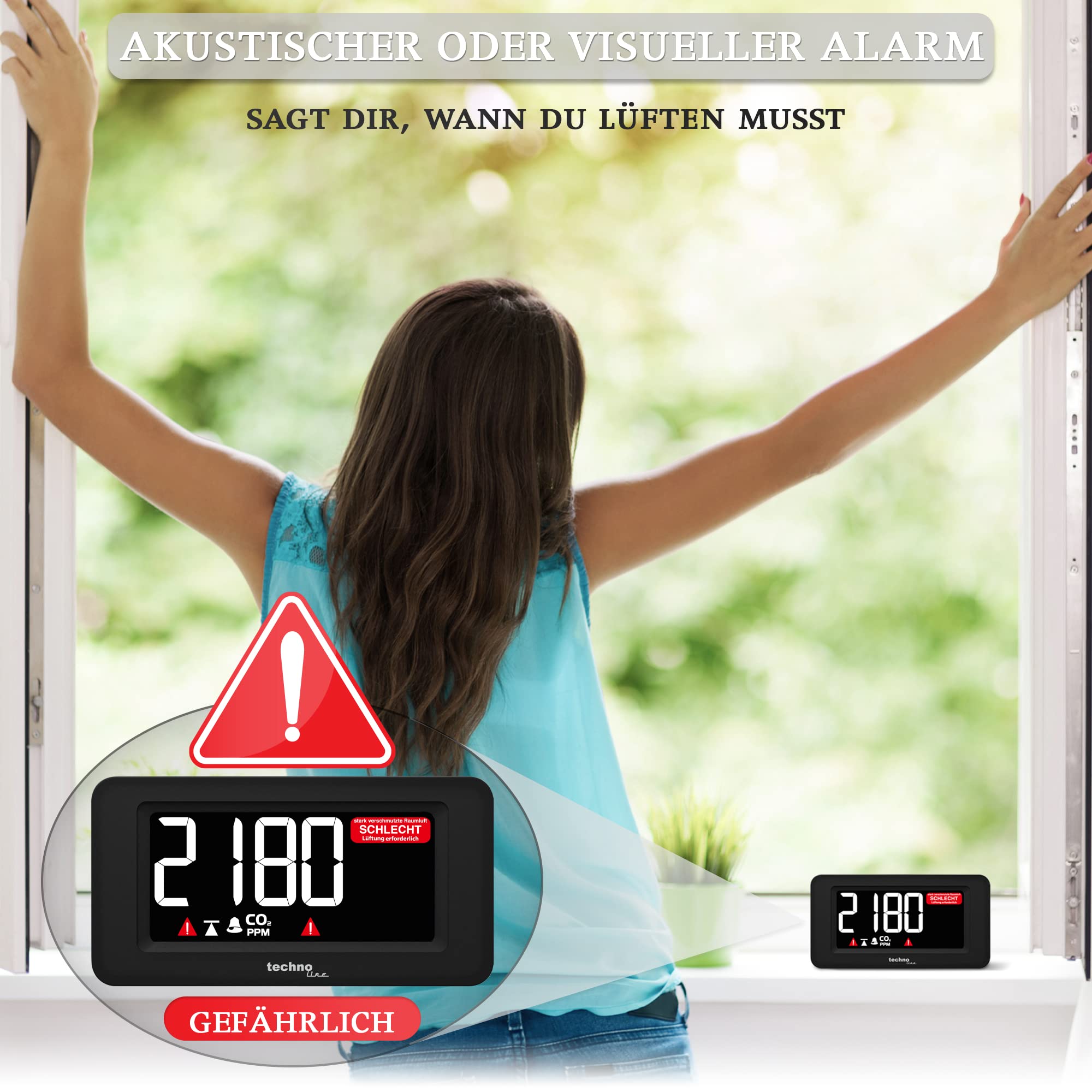 Aparato de medición de Co2 Technoline WL1022 con Pantalla a Color del Contenido de Co2 (Rojo, Amarillo, Verde), Alarma de Co2, recomendación de ventilación