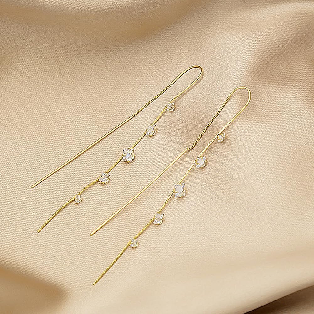 Long Chain Rhinestone Threader Earrings for Women Sparkling Silver Plated Cubic Zirconia Tassel Earrings Minimalist Thread Earrings Charm Jewelry Gift - Image 4