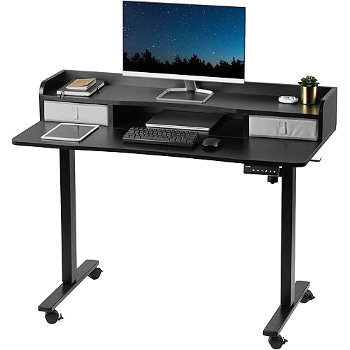 VIVO Electric 2-Tier Height Adjustable 48 x 24 inch Stand Up Desk, Mobile Table with Storage Drawers, Standing Workstation with Memory Controller, Casters, Black, DESK-E-Y48SB