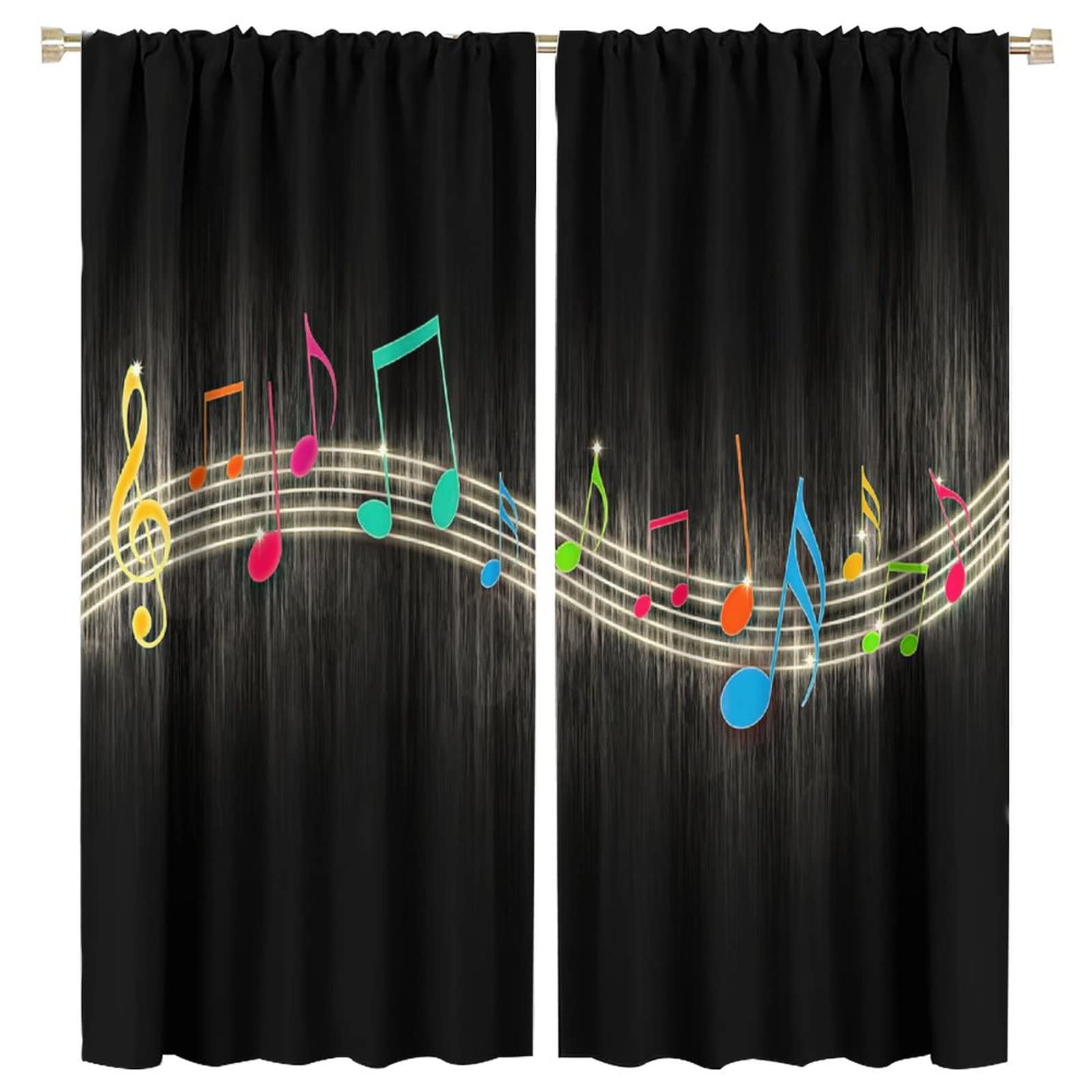 Music Window Curtain,Colorful Music Note Black Background Window Treatments Curtains for Teens Boys Bedroom Living Room Blackout Drapes W63xL72in