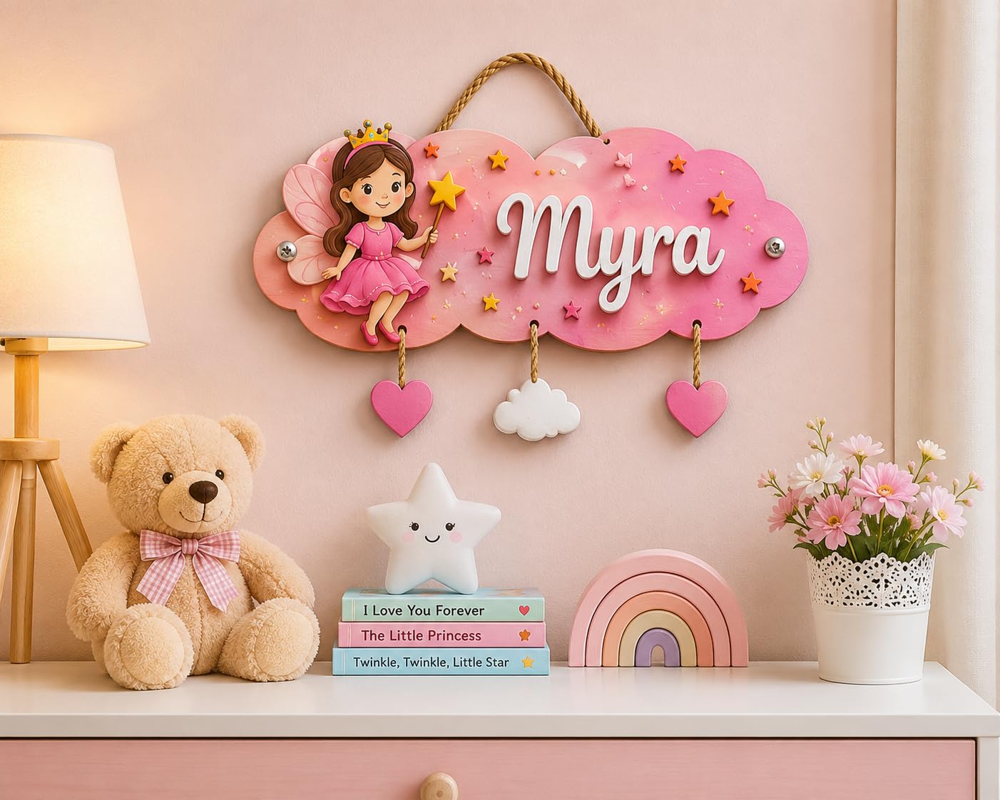 Personalised Princess Kids Name Plate for Room Door & Wall | Custom Wooden Name Board for Girls | 5mm Wood | 3D UV Printed | Nursery, Bedroom & Playroom Decor | Birthday Gift | 12 x 7 Inches-image-6