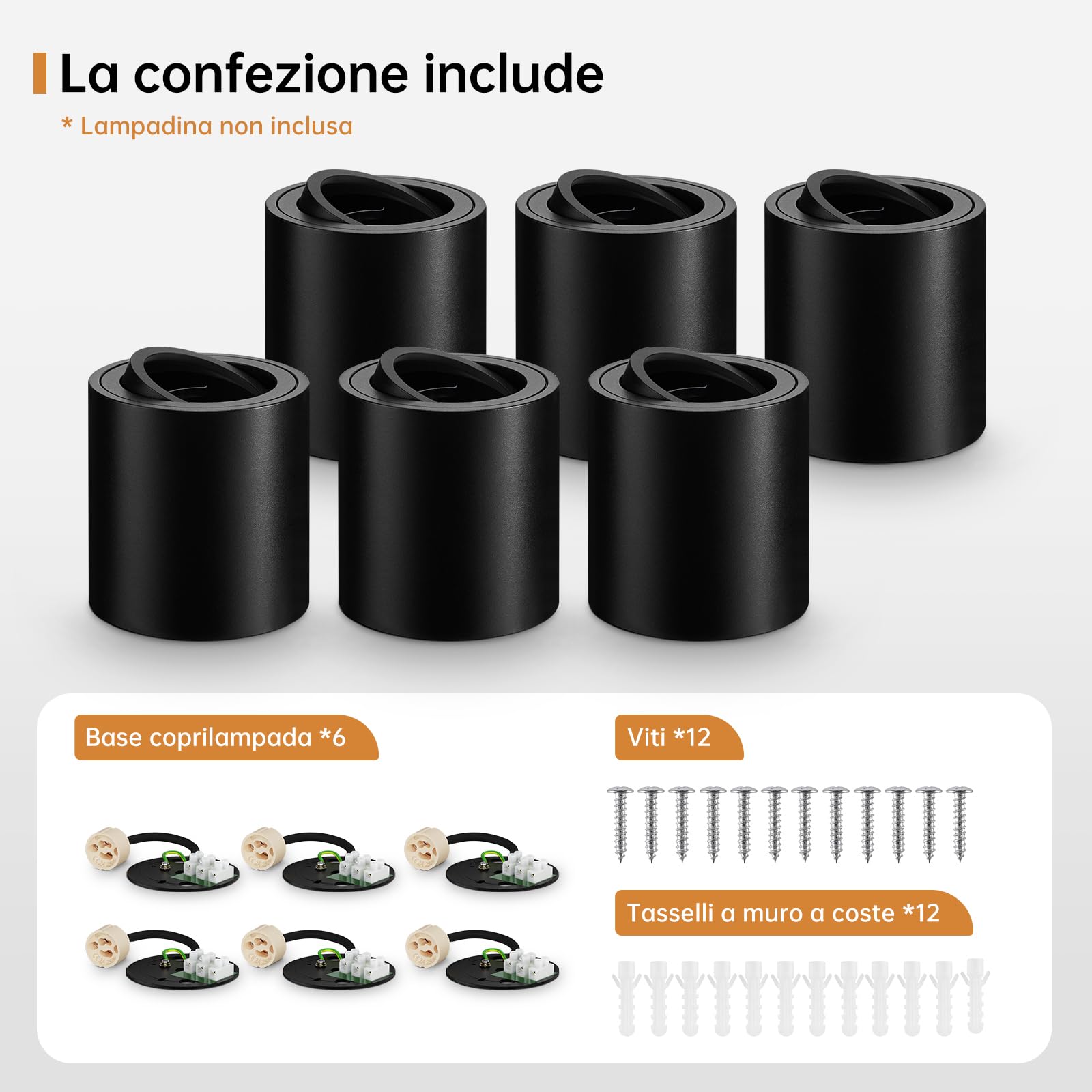 wowatt 6 Pezzi Faretti da Soffitto Neri, Faretti Soffitto Orientabili 30° | 220V, in Alluminio, 80mm x 85mm, Faretto da Soffitto con Attacco GU10, Compatibile con Lampadine GU10 e Moduli LED, Rotondo
