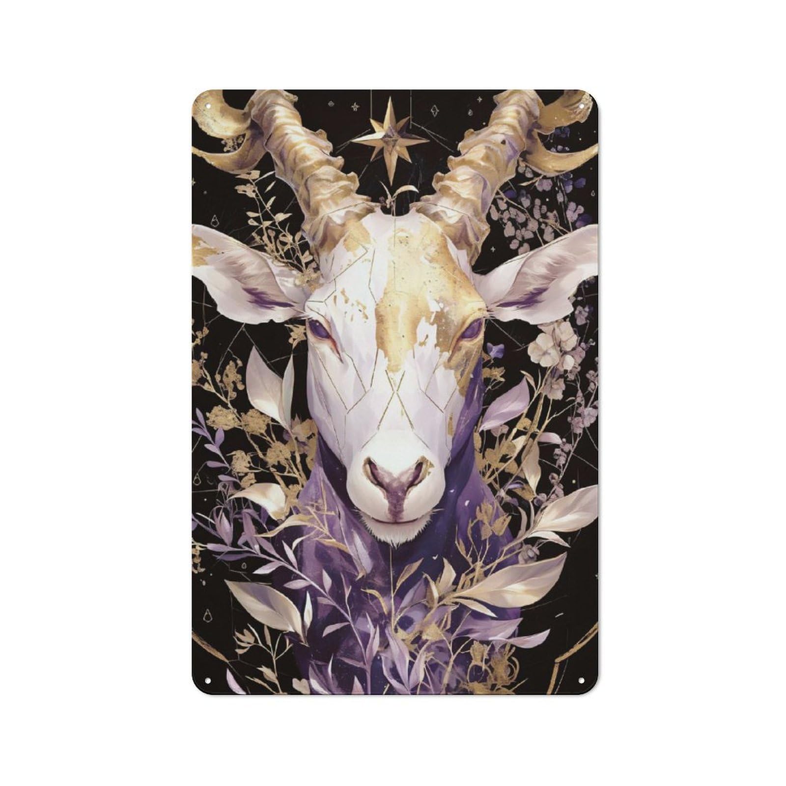 Junmoney Style-11 Mystical Goat With Golden Horns And Flowers Decorative Tin Sign 30X20cm, Old Fashioned Vintage Wall Decor For Lounge, Study, Pub Or Wall Gallery