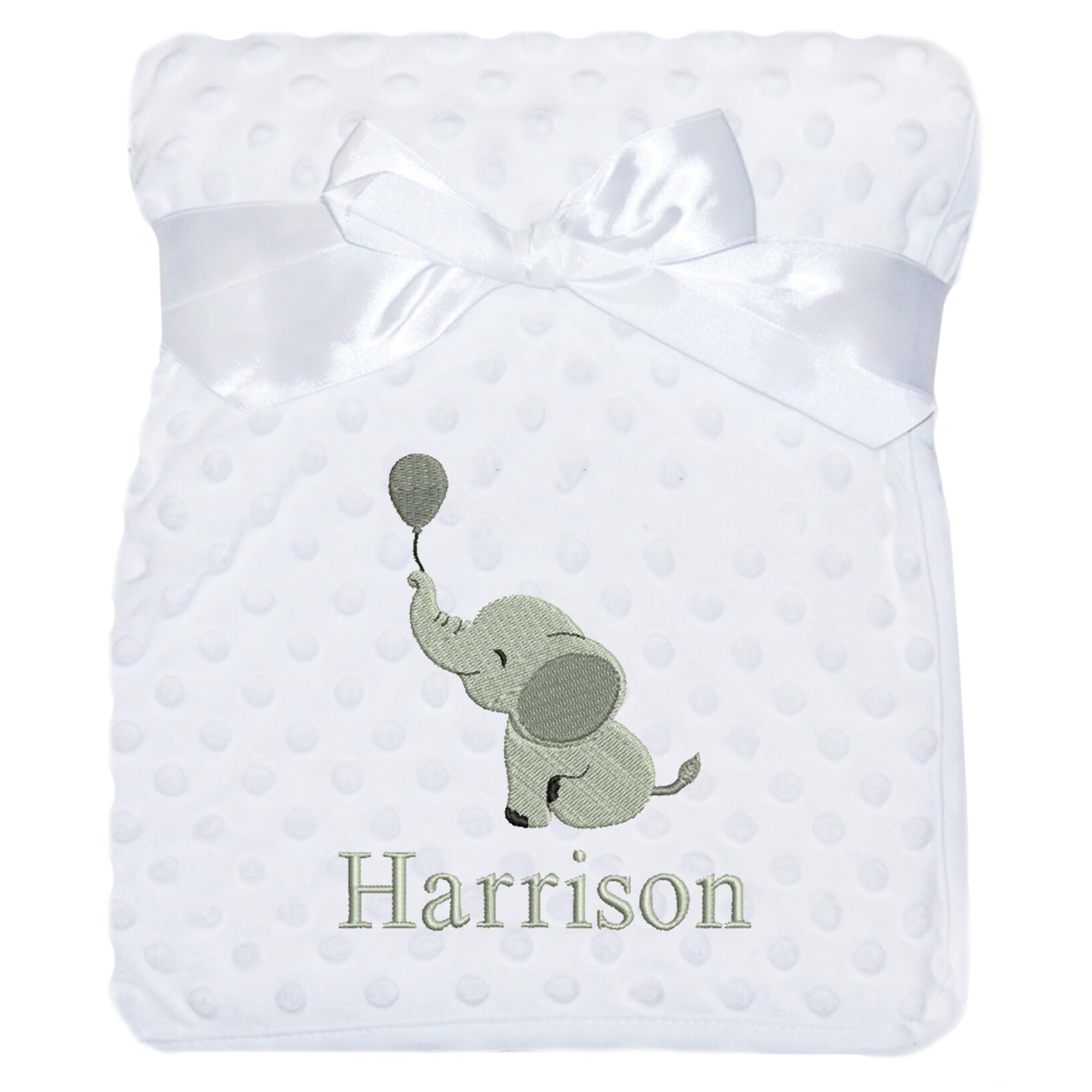 JJLC Personalised Baby Bobble Blanket Embroidered Elephant & Name Soft Fleece Wrap Boys Girls (White Bobble)