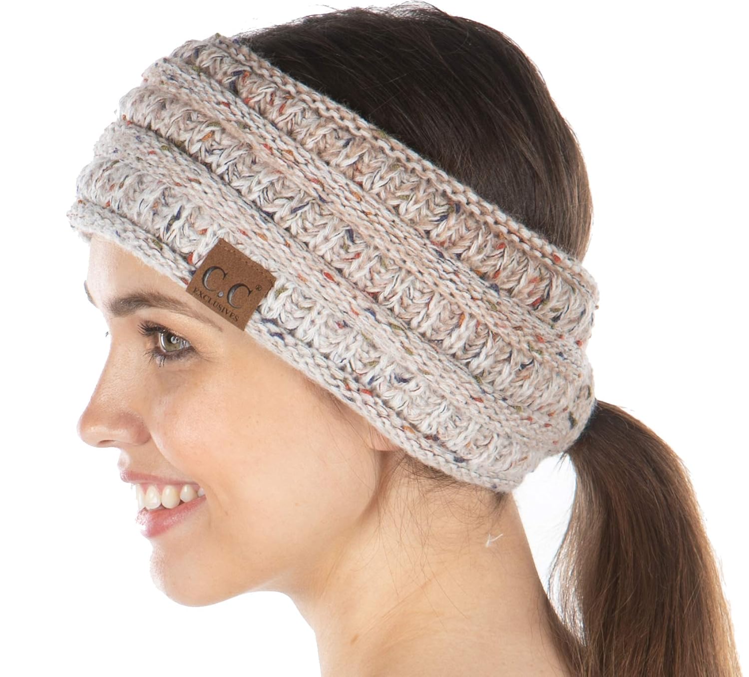 Funky Junque Women’s Ponytail Headband – Soft Knit Winter Ear Warmer for Women, Cable Knit Fleece Lined Head Wrap for Cold Weather - Oatmeal - Variegated Confetti