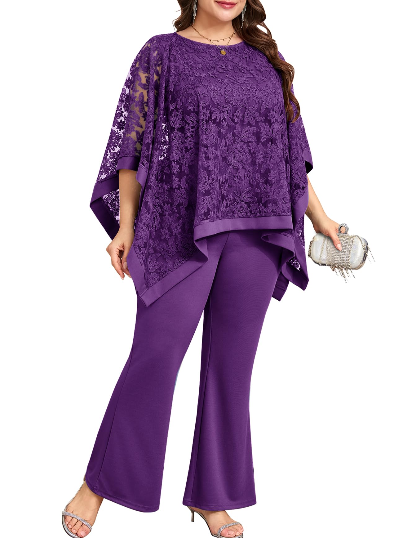 TIARALY Plus Size Formal Mother of The Bride Pant Suits 2 Piece Wedding Guest Dressy Sets Embroidered Lace Cape Pockets