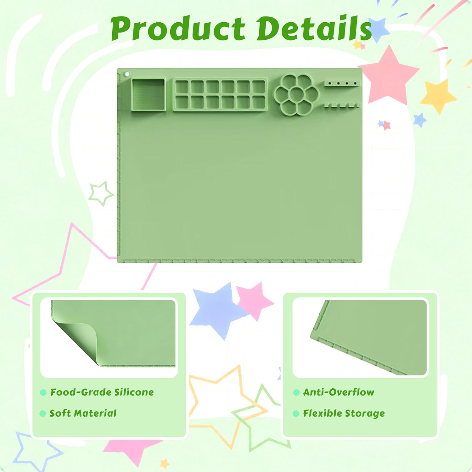 Painting Station Set, Upgraded Paint Brush Cleaner and Silicone Painting Mat with 10 Paint Brushes, Art Painting Supplies Set Gifts（Green）