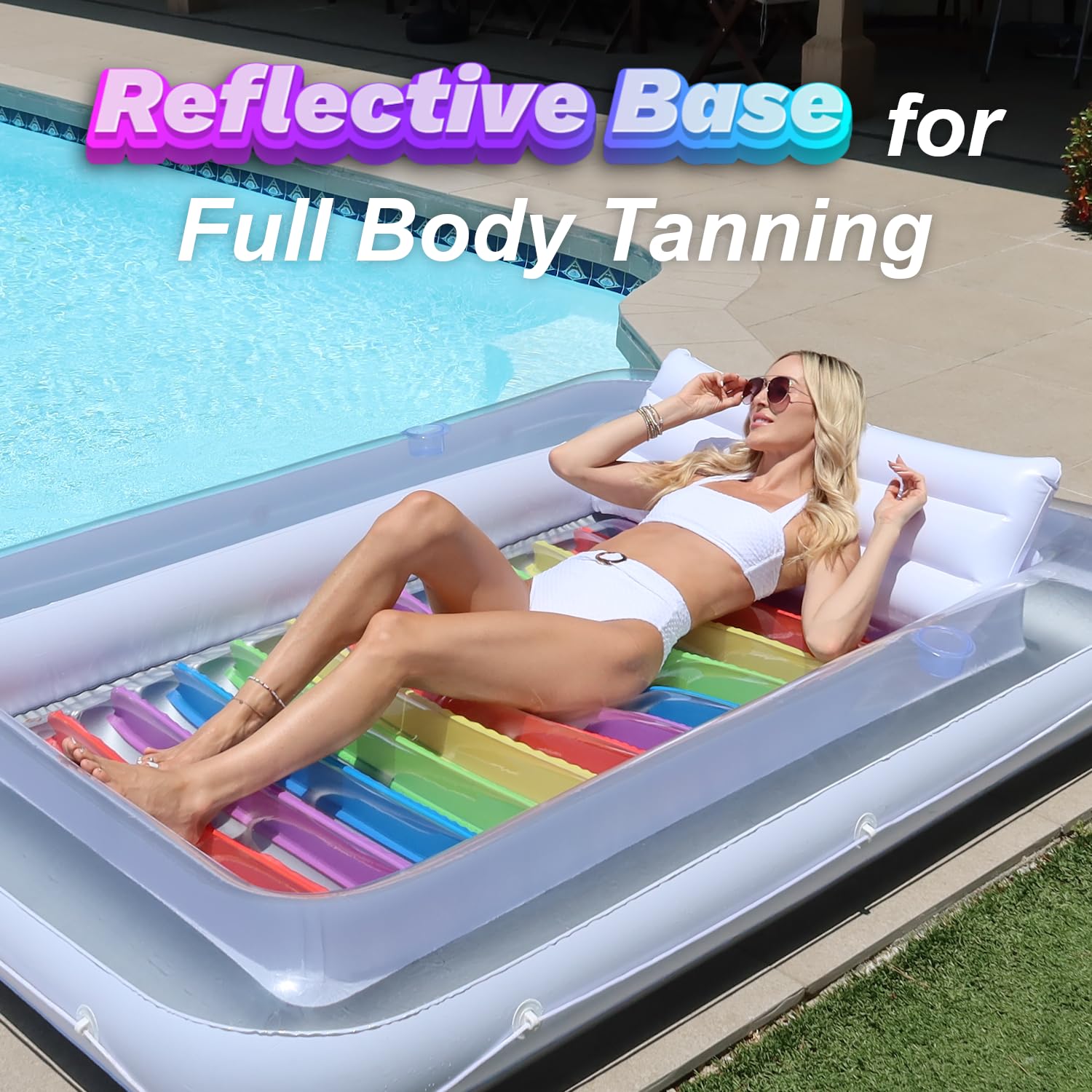Inflatable Tanning Pool Lounger Float w/Reflective Base (Electric Pump Included) 85” x 58” - Sun Bathing Sun Tanning in Pool or Backyard: White (W/ Reflective Base)