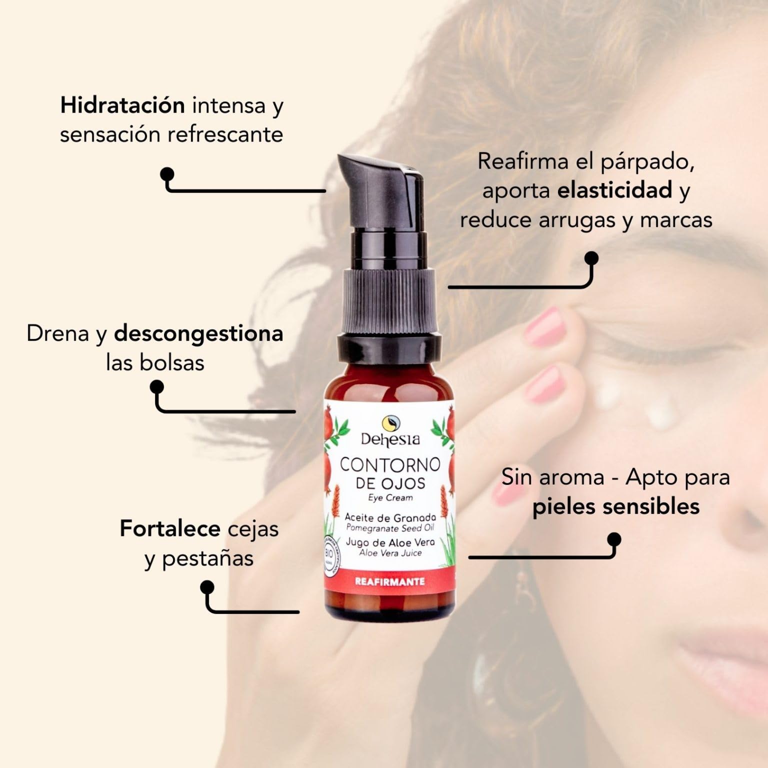 Contorno de ojos natural, vegano y ecológico | Efecto reafirmate instantáneo. Hidratante, antiarrugas e ideal para arrugas y bolsas | Con aloe, granada, higo chumbo, cafeína y ácido hialurónico