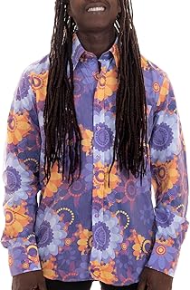 Camisa de los años 70 Flower Power con diseño de flores, color lila y multicolor, para hombre con estampado floral para fiestas de los años 70 o como camisa de discoteca de colores