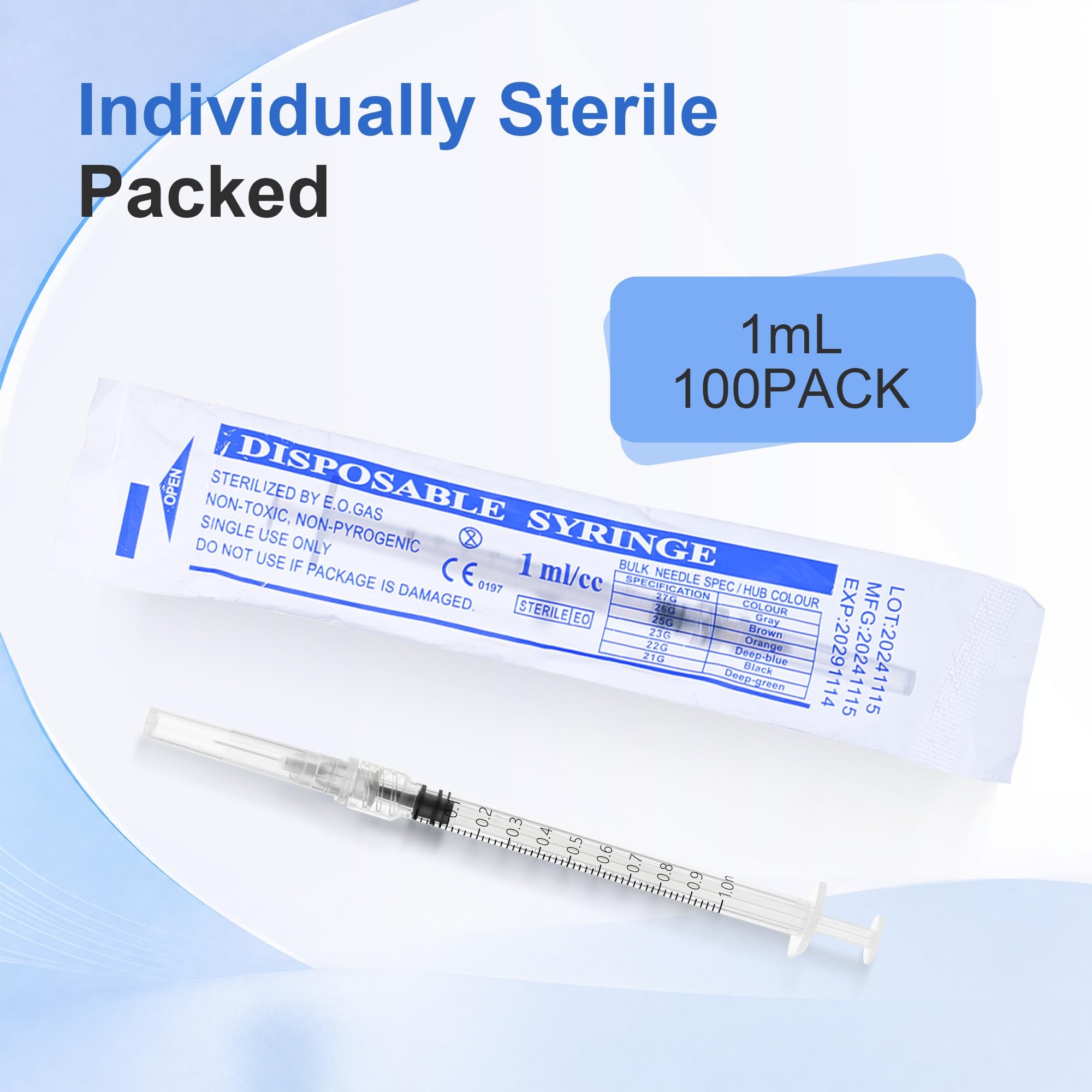 1ml Disposable Syringe with 27G-1/2 Inch(13mm) Luer Lock Syringes, 100 Pack — Amazon image 3