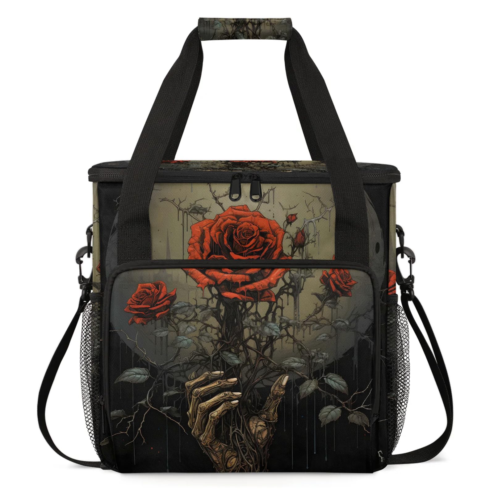 Adornori Art Rose Flower Skull Coffee Maker Carring Bag, Large Insulated Storage Organizer Case Tote Bags with Shoulder Strap for Travel Work Picnic
