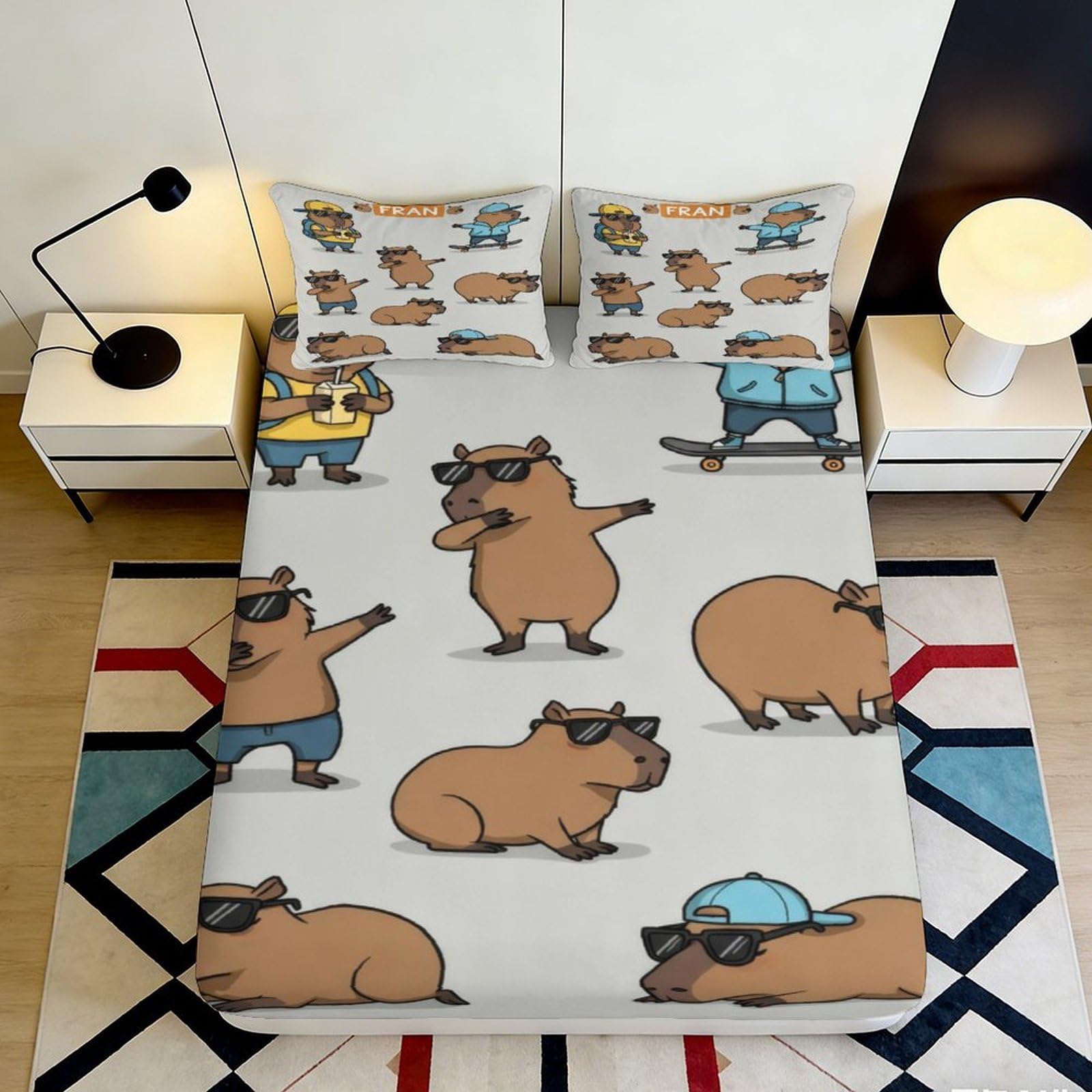 3D Printed Cartoon Capybara Fitted Sheet Microfiber Anti-Slip Animal Bed Cover for Bedroom Dorm Room Mattress Protector 120x200x25cm