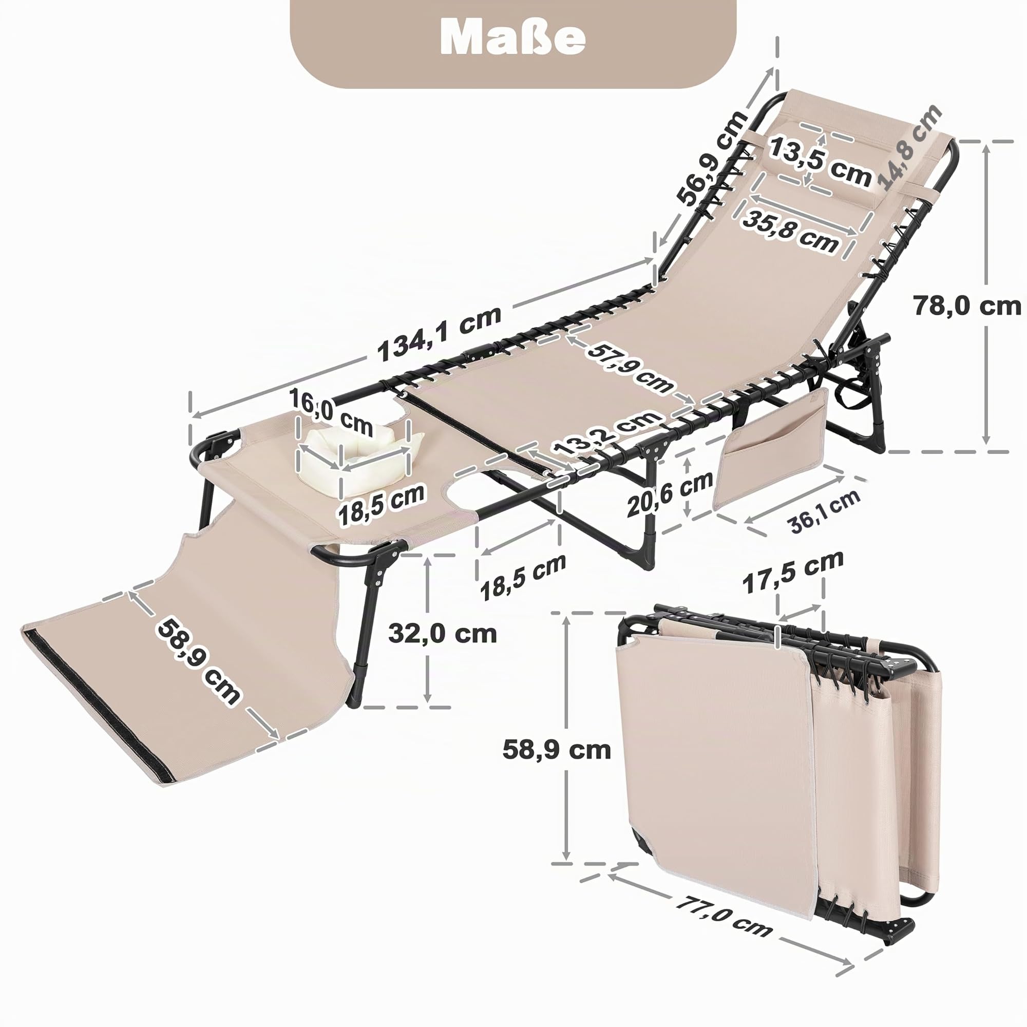 Avestar Sonnenliege Klappbar, Tragbare Gartenliege, 5-Fach Verstellbarer Liegestuhl inkl. Seitentasche, Kopfkissen und Gesichtsausschnitt, für Garten, Balkon, Terrasse, Strand und Camping, Taupe