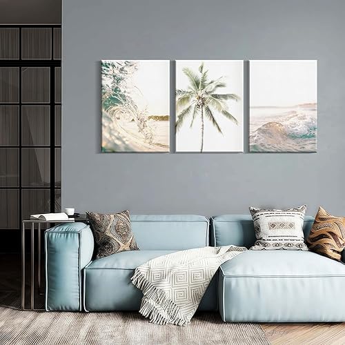 Miniatura 3 de 3 piezas enmarcadas de playa, olas del océano y palmeras, paisaje marino costero, decoración de pared, lienzo impreso, póster para galería,