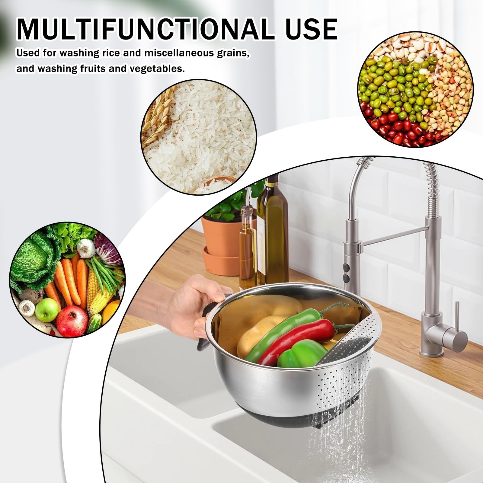Colador De Arroz De Acero Inoxidable Cuenco colador for lavar arroz de acero inoxidable con Base silicona y mango, escurridores laterales versátiles for limpiar frutas verduras