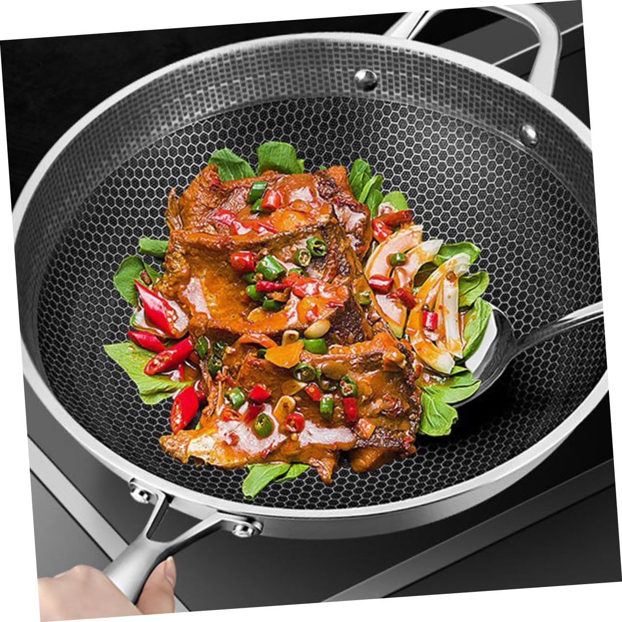 Alipis Stainless Steel Frying Pan Non Stick Wok Pot Honeycomb Stir Fry Pan Cookware Accessories for Gas Stove