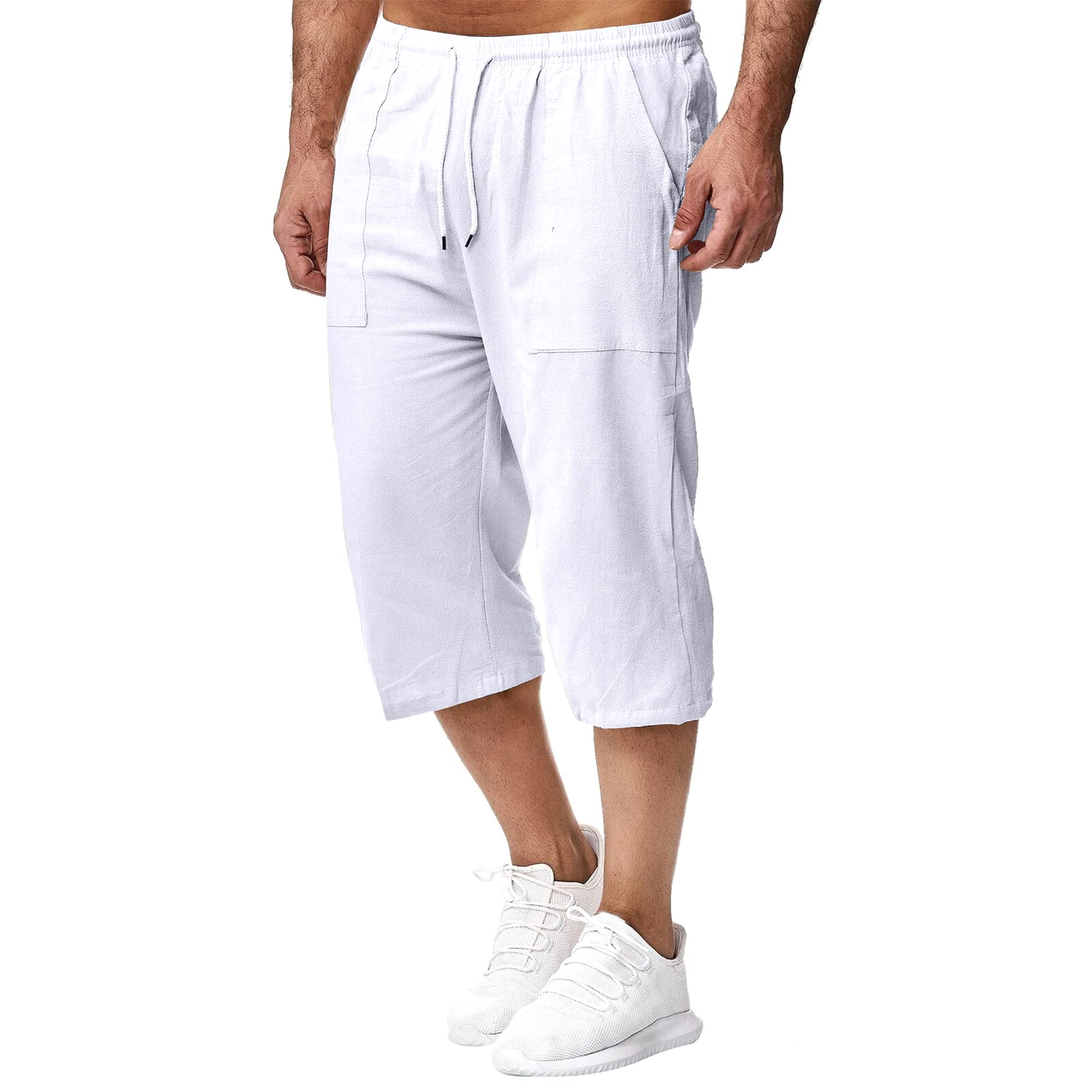 Męskie lniane szorty 3/4 długości spodnie letnie spodnie plażowe joga joggery codzienne spodnie dresowe