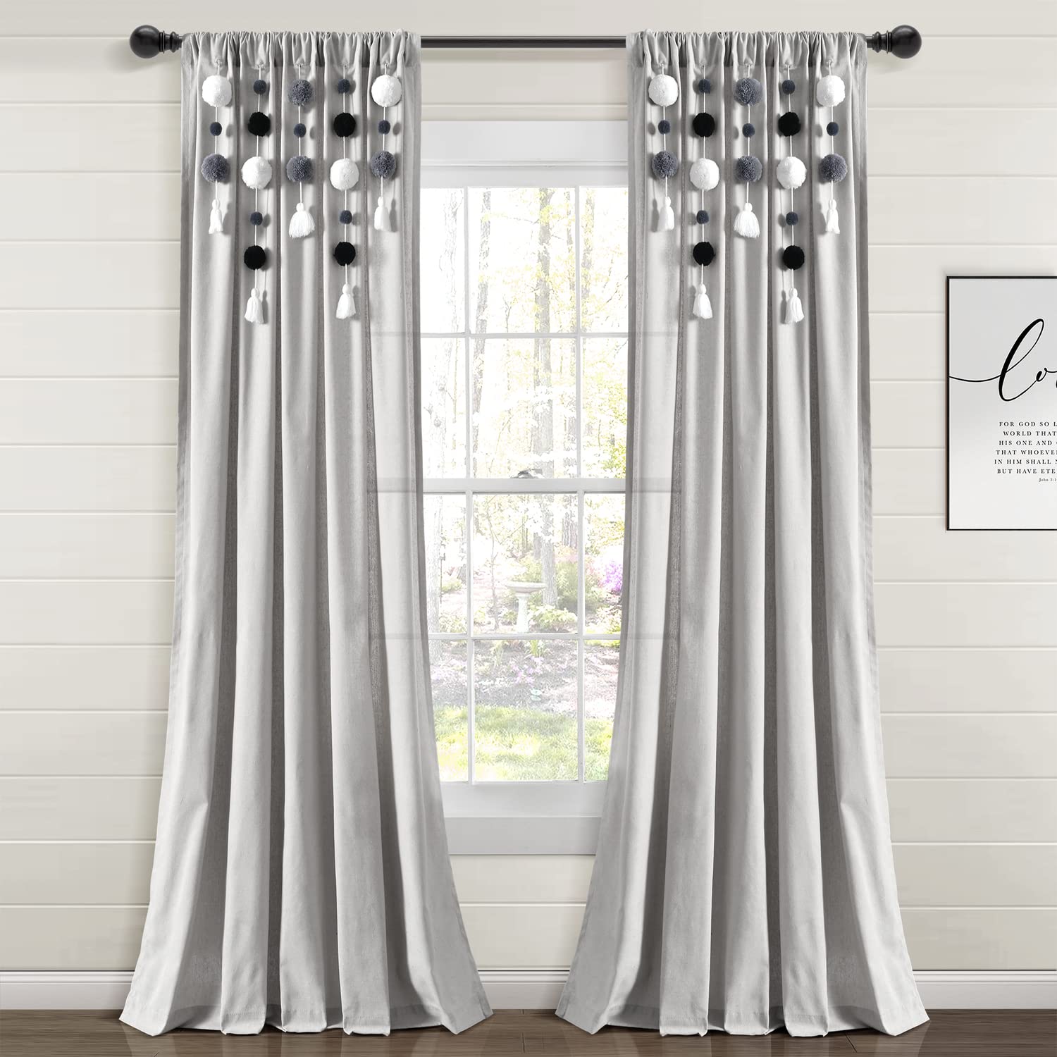 Lush Decor Boho Pom Pom Tassel Linen Window Curtain Panel (Single Panel), 95" L x 52" W, Gray & Black