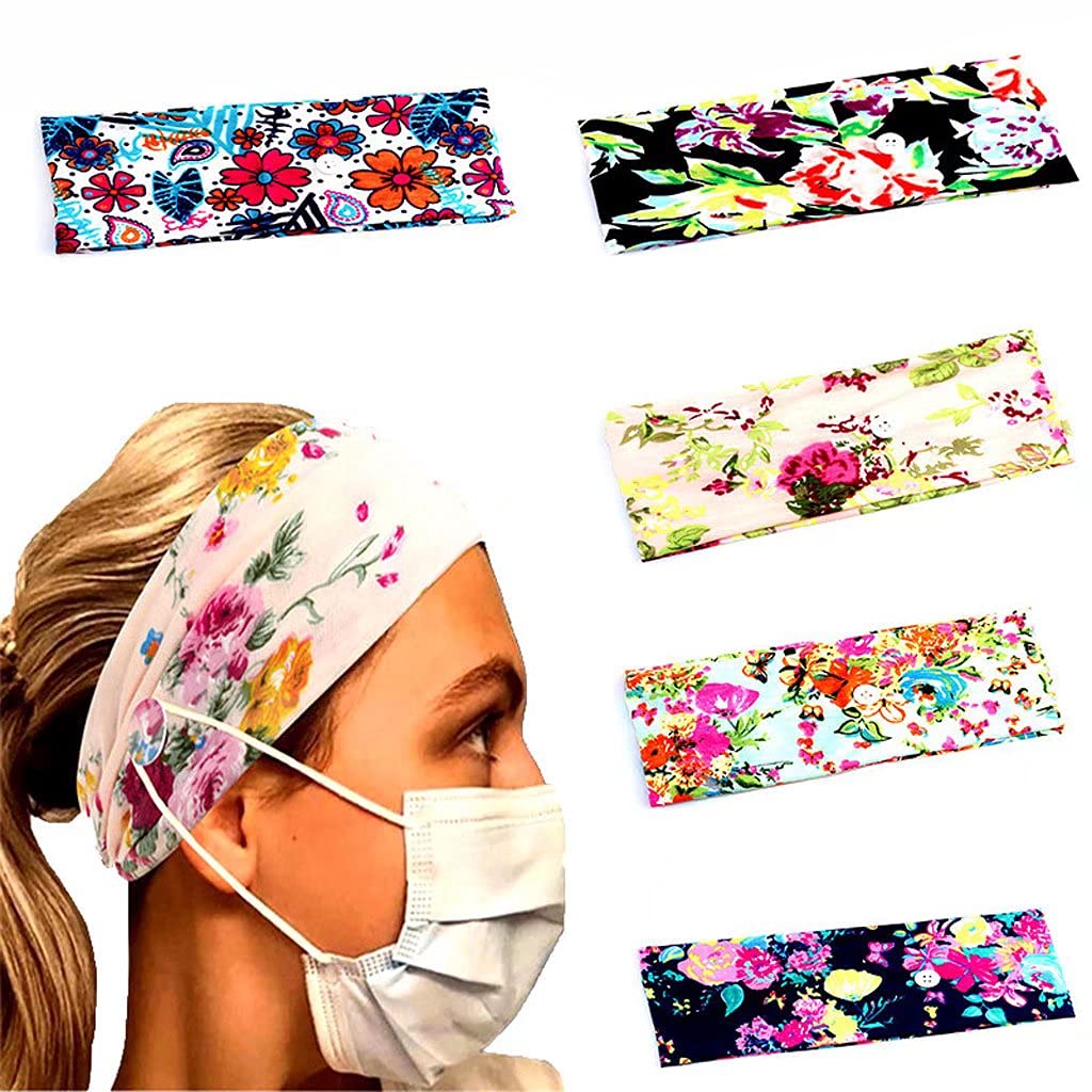 5 Stück Damen Boho Stirnband, Elastische Kopf Wickeln Niedlich Haarschmuck für Mädchen, Stirnbänder mit Knöpfen für Masken Krankenschwestern