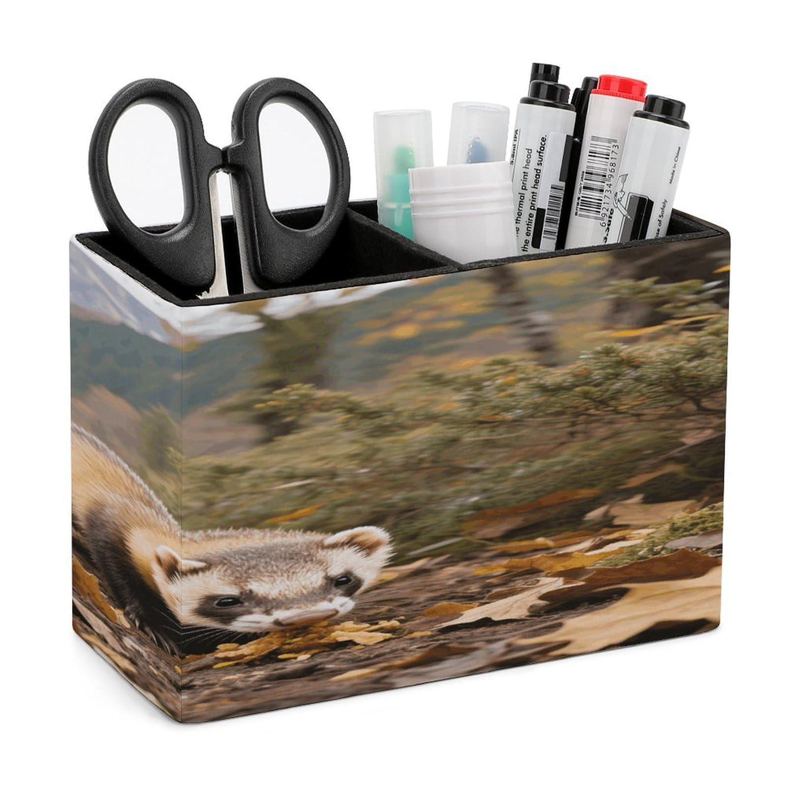 VstaDank Ferret - Badger Pencil Holder for Desk Organizer 2 Compartments Pen Cup Leather Square Pen Holder Pencil Cup Stand Makeup Brush Holders for Desktop Organizer Storage Case