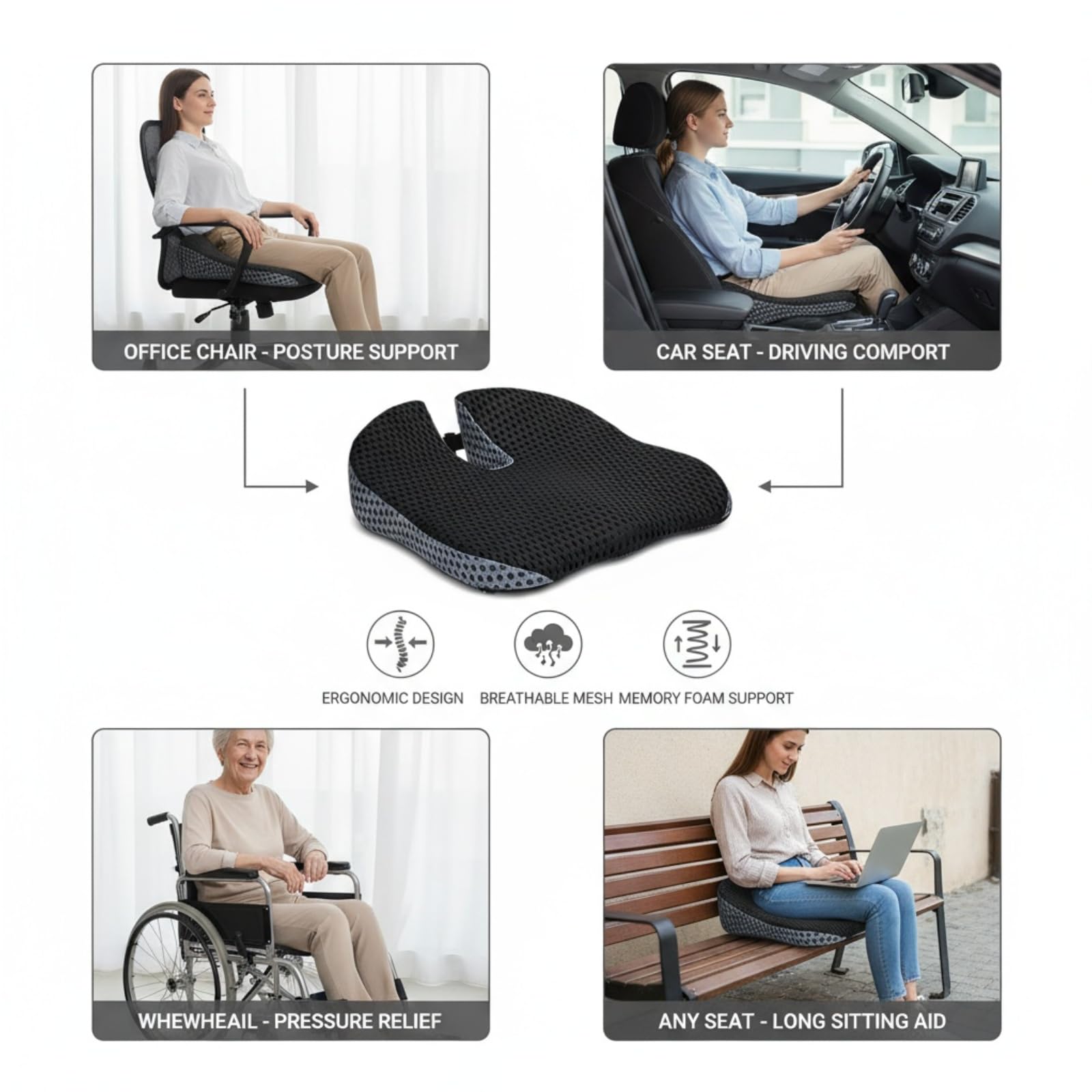 Cojín de espuma viscoelástica para asiento de coche con malla 4D, cojín de asiento universal de cuña para conducir, cojín de silla de oficina, cojines de coxis, soporte de postura y refuerzo de altura