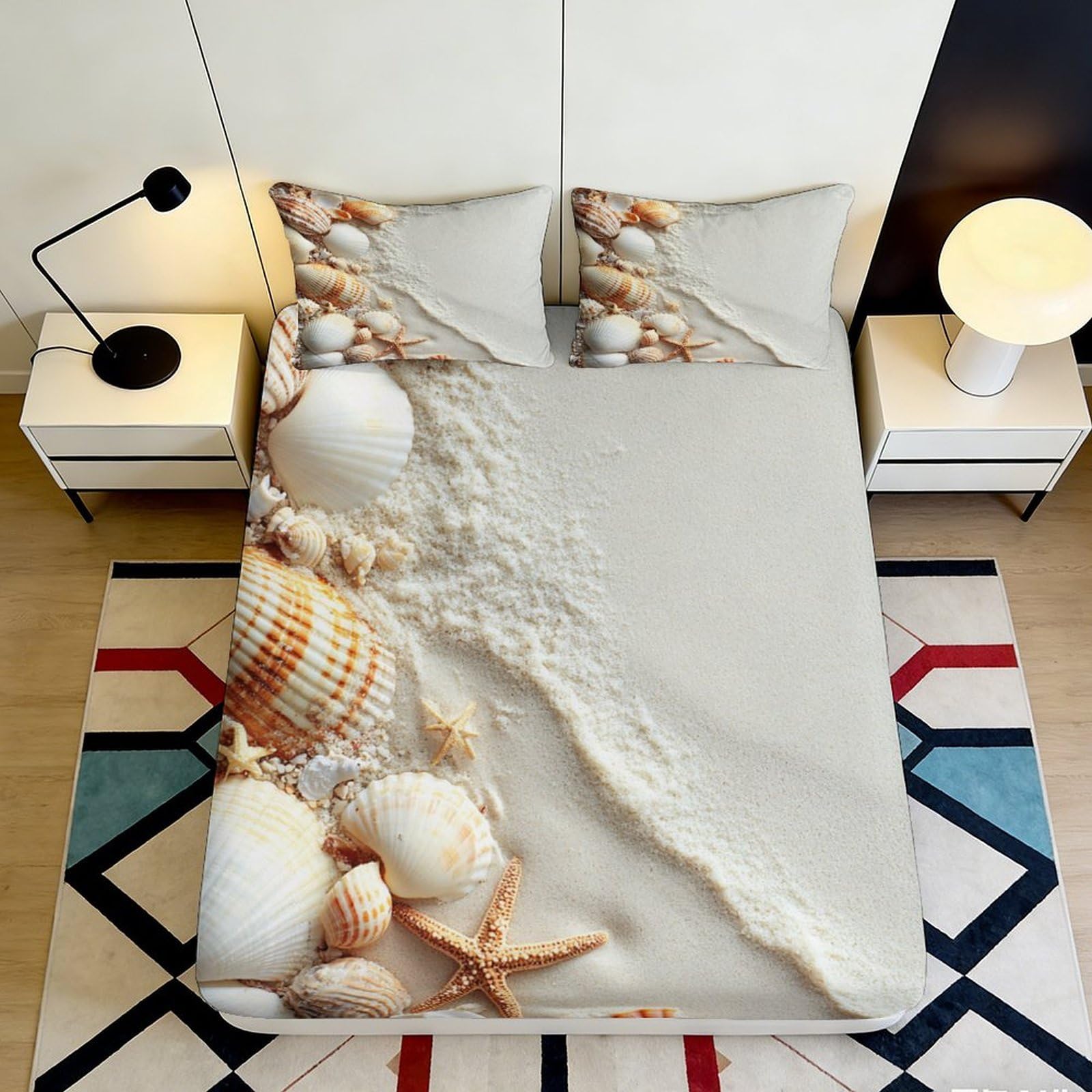 3D Printed Seashell Fitted Sheet Microfiber Soft Breathable Starfish Bed Cover for Bedroom Dormitory Guest Room Mattress Protection and Decor 90x200x25cm
