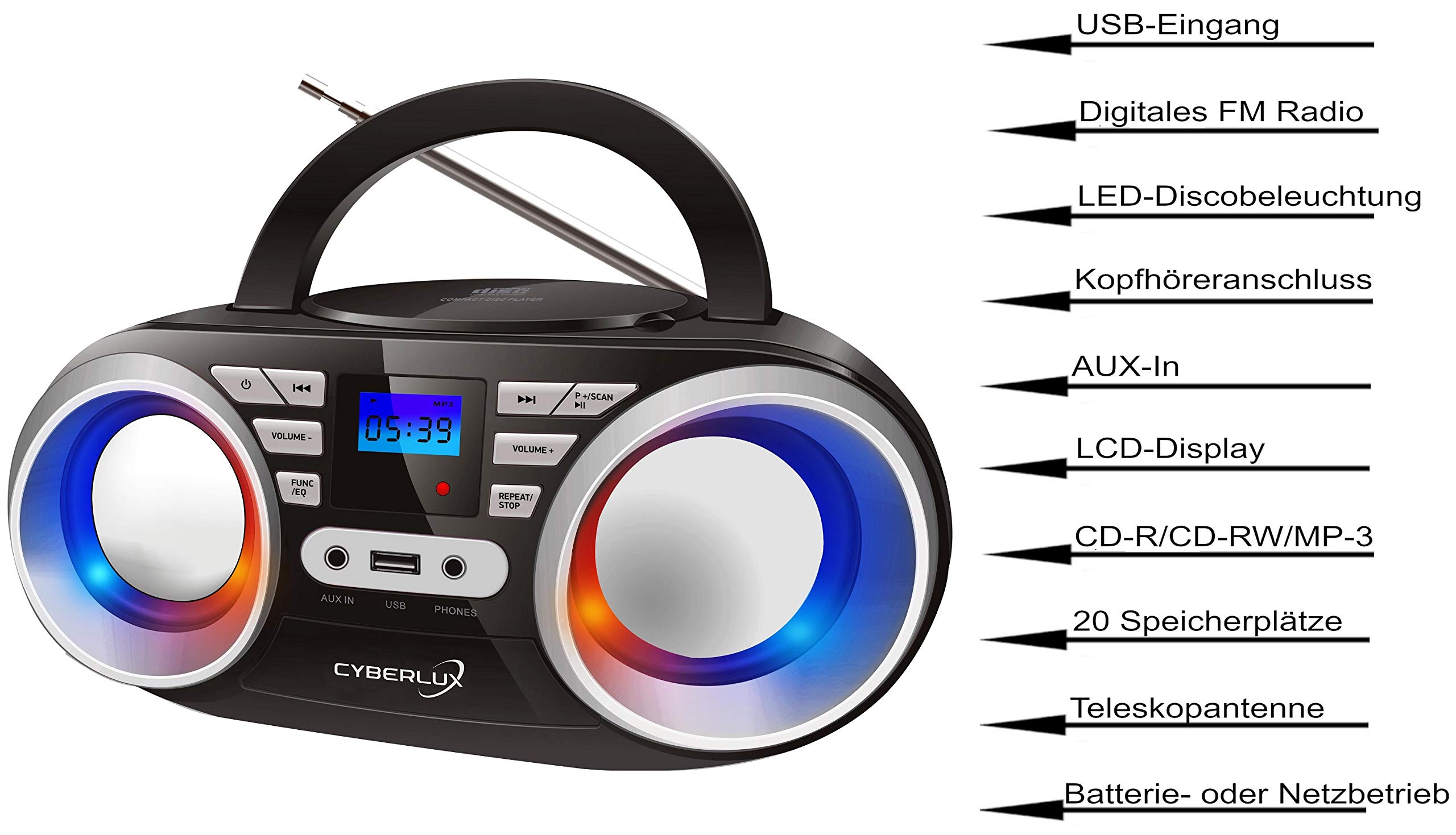 Tragbarer CD-Player | LED-Disco-Lichter | Boombox | CD/CD-R | USB | FM Radio | AUX-Eingang | Kopfhöreranschluss | 20 Speicherplätze | Kinderradio | CD-Radio | Kompaktanlage (Black/Sunny Silver)