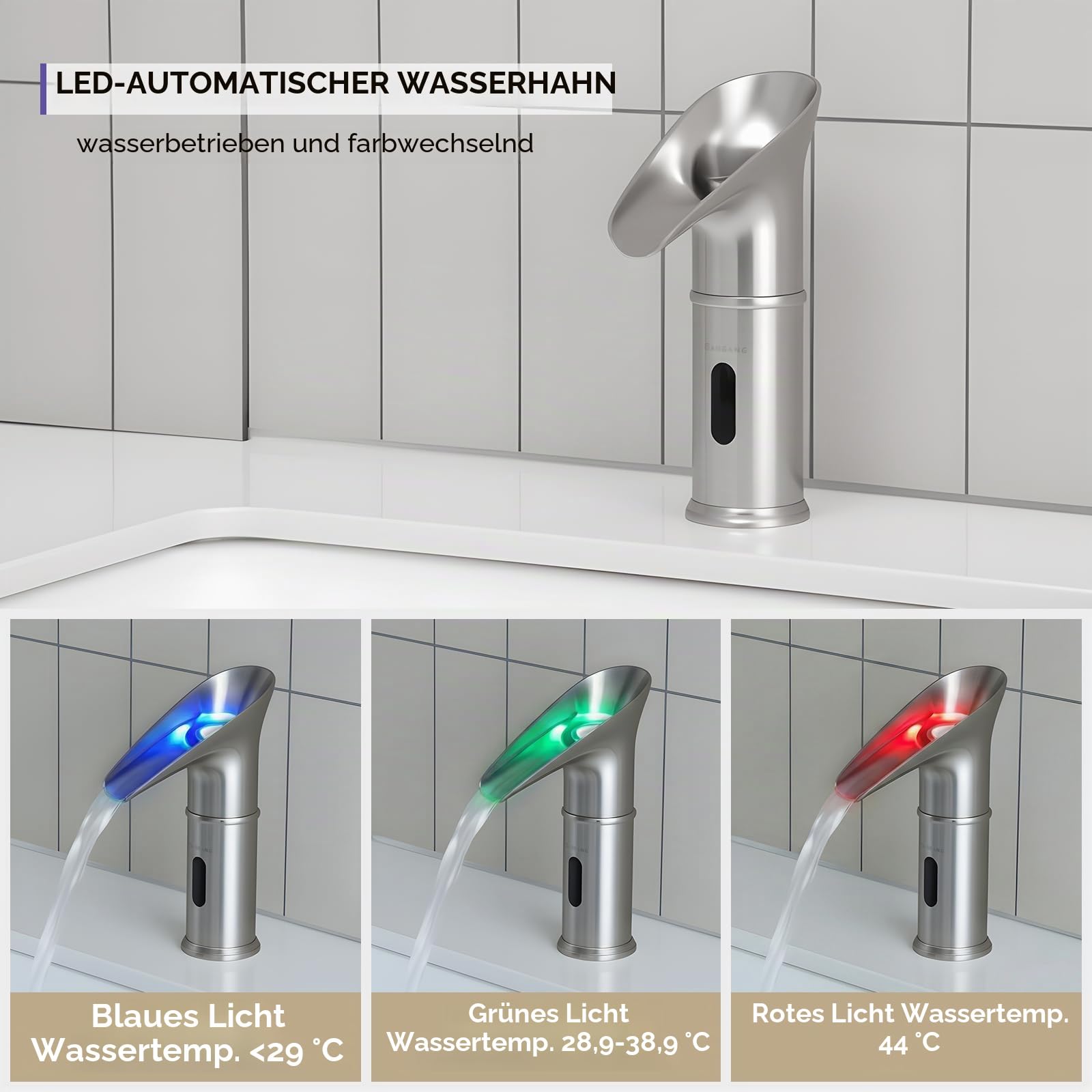 Gangang LED Wasserfall Wasserhahn mit Sensor Bad, Infrarot Automatisch Bassin Wasserhahn für Badezimmer Badarmatur, LED 3 Farbe ändert Sich mit Wassertemperatur (Messing, Gebürstet Nickel)