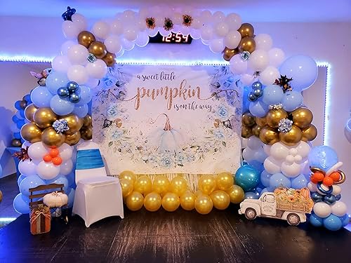 Miniatura 2 de Avezano Telón de fondo de calabaza azul para baby shower para niño, decoración de fiesta de otoño con texto en inglés "A Little Pumpkin Is On The